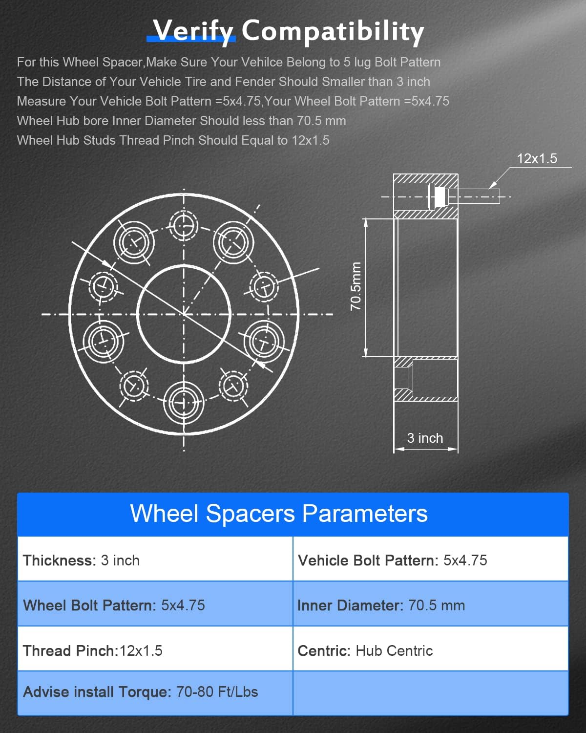 2PCS 5x120.65mm Hubcentric Wheel Spacers 5 Lug 3" 5x4.75 to 5x4.75 70.5mm hub fits 1987-2005 fit Chevrolet Blazer | 1984-2019 fit Chevrolet Corvette with 12x1.5 Studs