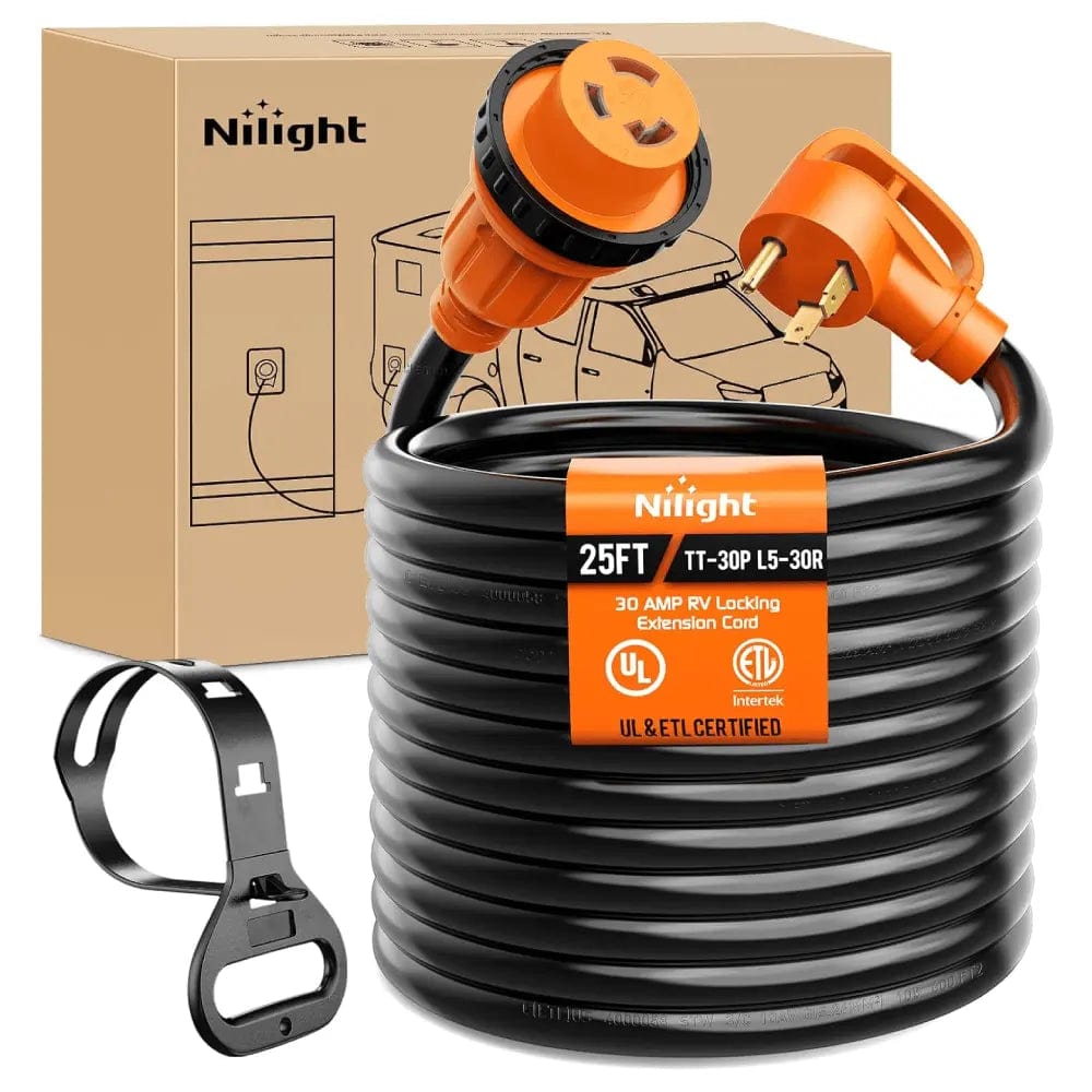 Nilight 30 Amp 25FT RV Locking Extension Cord 125V Heavy Duty 10 Gauge Pure Copper STW Wire ETL Listed 3 Prong TT-30P L5-30R 30F/30M Weatherproof Suit for Camper Trailer Headlights - Top Tuning Boost