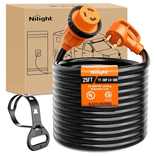 Nilight 30 Amp 25FT RV Locking Extension Cord 125V Heavy Duty 10 Gauge Pure Copper STW Wire ETL Listed 3 Prong TT-30P L5-30R 30F/30M Weatherproof Suit for Camper Trailer Headlights - Top Tuning Boost