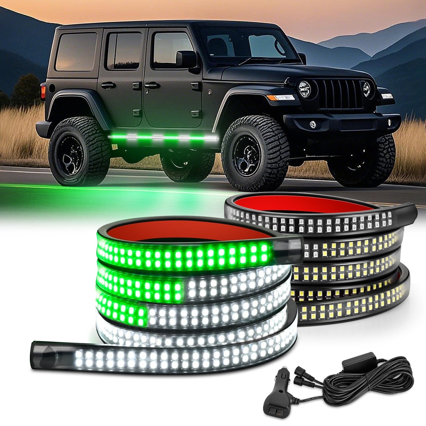 2PCS 70 Inch Emergency Strobe Light Strip 1125 LED Running Board Lights Green White Flexible Side Flashing Warning Caution Safety Waterproof for Truck Construction Vehicles Pickup Headlights - Top Tuning Boost