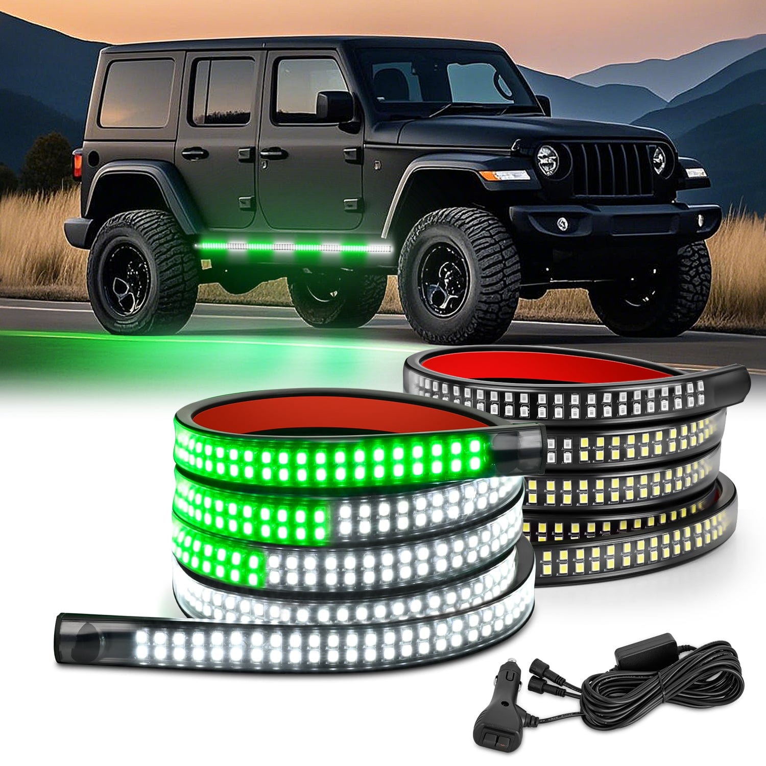 2PCS 70 Inch Emergency Strobe Light Strip 1125 LED Running Board Lights Green White Flexible Side Flashing Warning Caution Safety Waterproof for Truck Construction Vehicles Pickup Headlights - Top Tuning Boost