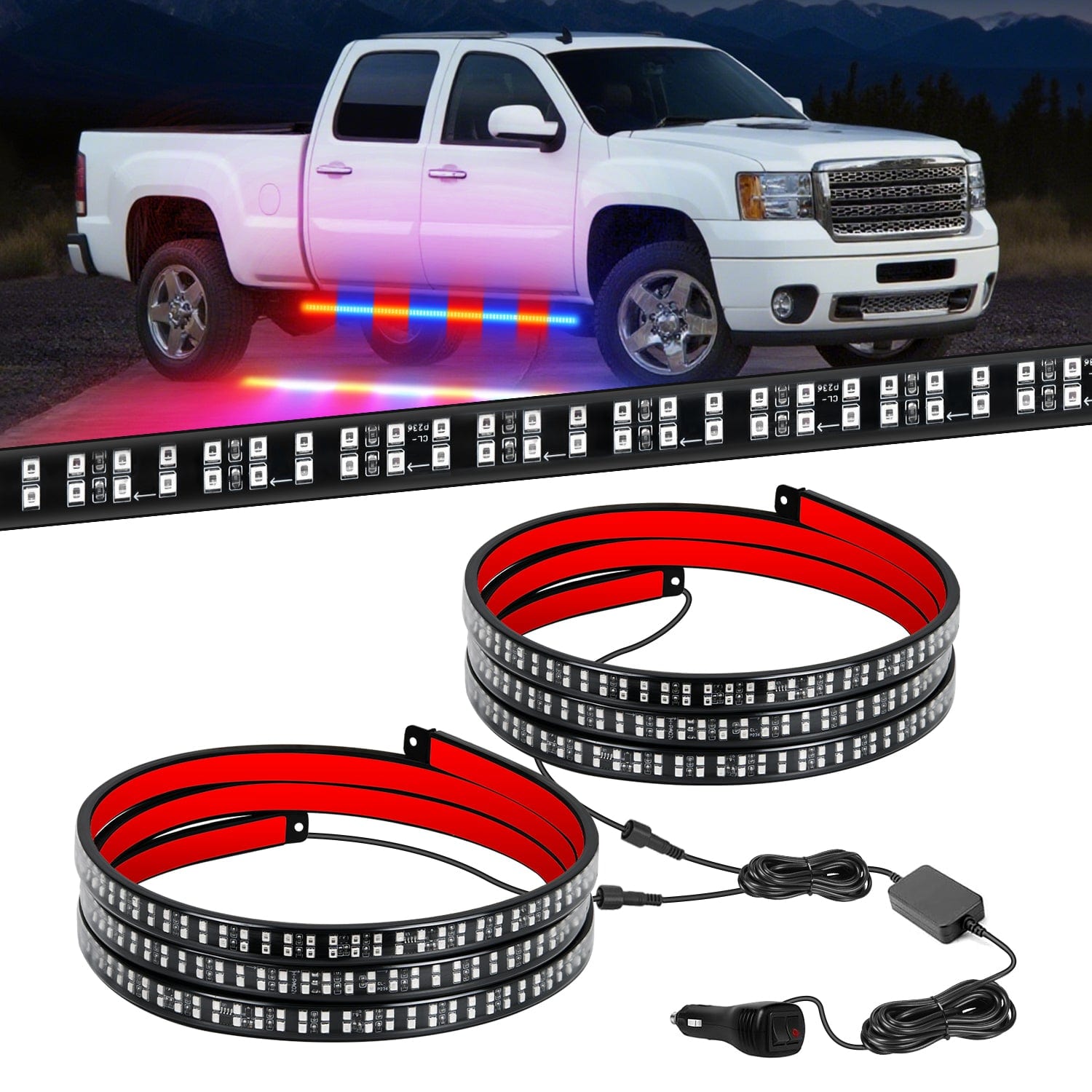 2PCS 70 Inch Emergency Strobe Light Strip with Controller 864 LED Red Blue Running Board Lights Flexible Side Flashing Warning Caution Safety Waterproof for Truck Construction Pickup Headlights - Top Tuning Boost