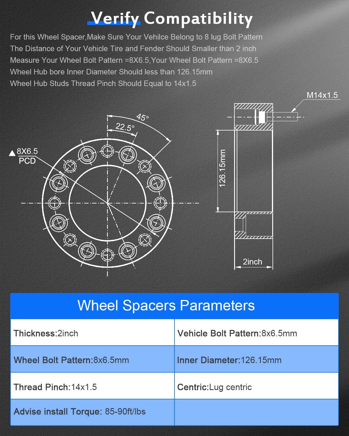 4PCS 8 Lug Wheel Spacers 2" 8x6.5 to 8x6.5 8x165.1mm 126.15mm HB with 14x1.5 Fit Chevrolet Silverado 1500 HD Silverado 2500 Silverado 2500 HD 2001-2006|| fit GMC Sierra 2500 HD 2001-2010