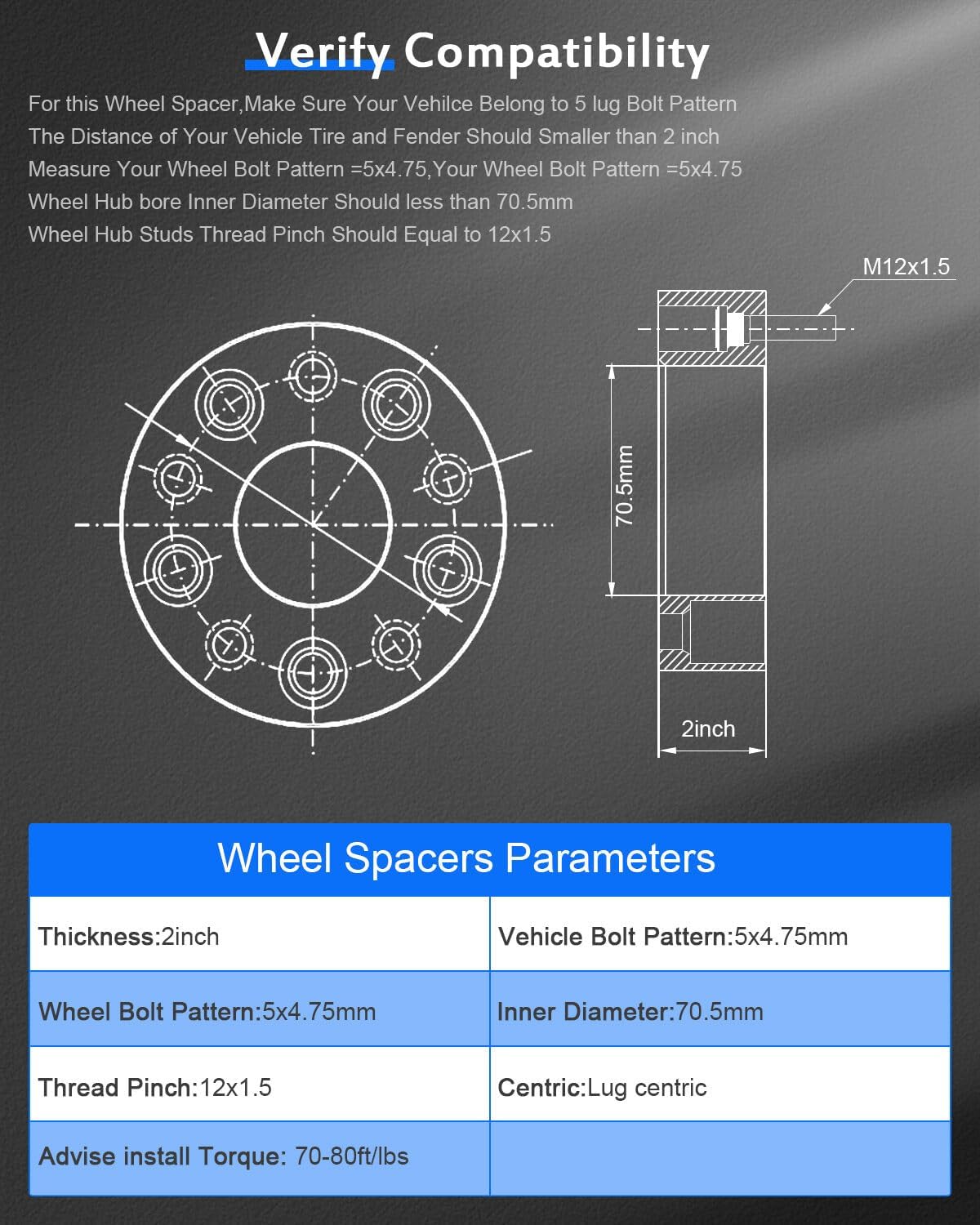 2PCS 2 inch Lug centric Wheel Spacers 5 lug 5x4.75 to 5x4.75 5x120.65mm Fit 1987-2005 fit Chevrolet Blazer| 1982-2003 fit Chevrolet Camaro| 1984-2013 fit Chevrolet Corvette with 12x1.5 Studs