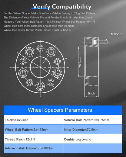 2PCS 2 inch Lug centric Wheel Spacers 5 lug 5x4.75 to 5x4.75 5x120.65mm Fit 1987-2005 fit Chevrolet Blazer| 1982-2003 fit Chevrolet Camaro| 1984-2013 fit Chevrolet Corvette with 12x1.5 Studs