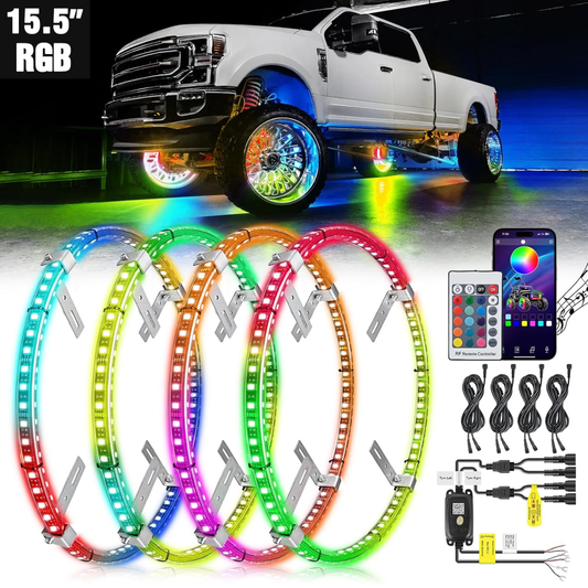 15.5 Inch LED Wheel Ring Lights Double Row RGB APP Remote Control 4Pcs Headlights - Top Tuning Boost