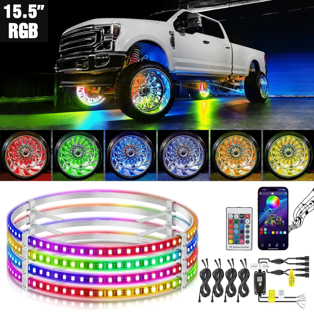 15.5 Inch LED Wheel Ring Lights Single Row RGB APP Remote Control 4Pcs Headlights - Top Tuning Boost