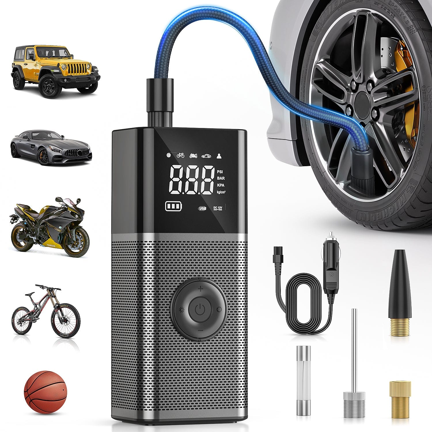 inflator Tire Inflator Portable Air Compressor Rechargeable 12VDC 150PSI Cordless Battery Cigarette Powered