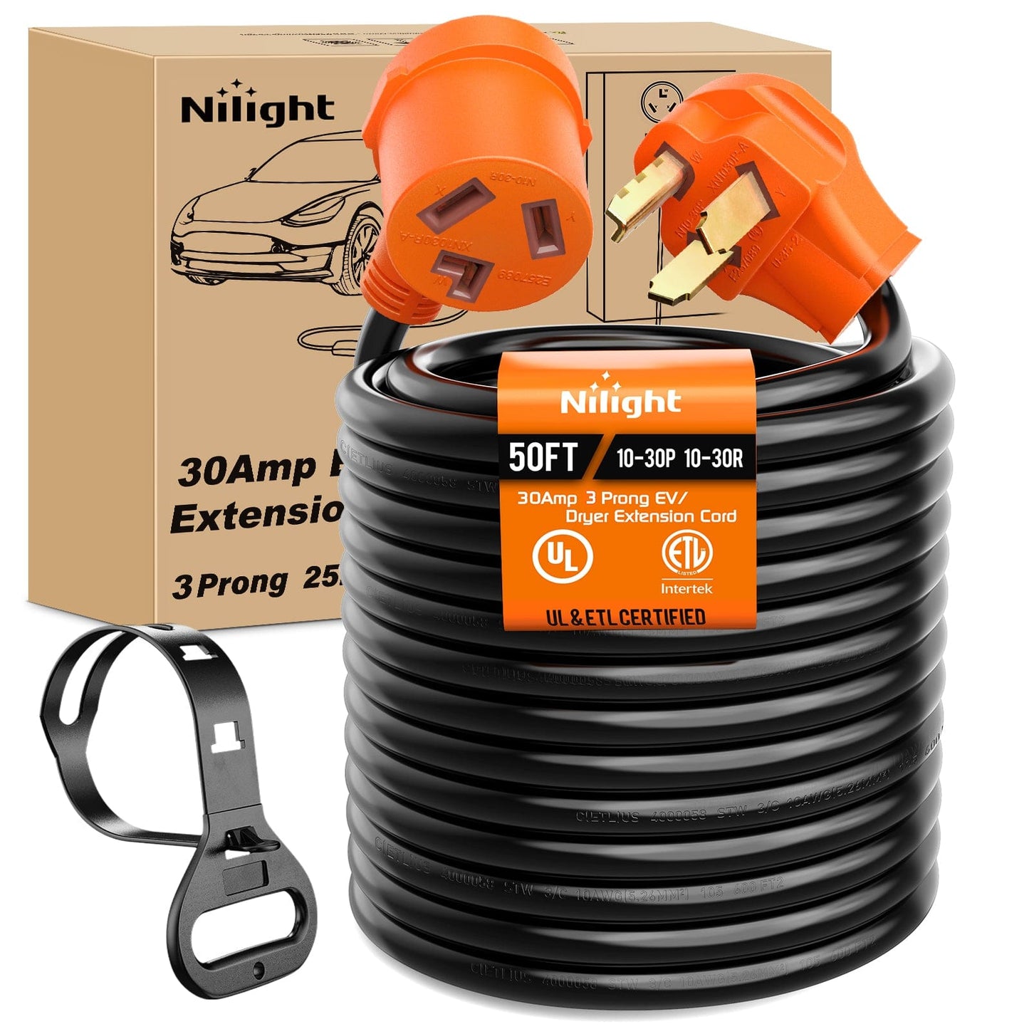 RV Parts 50FT EV Dryer Extension Cord 3 Prong 30 Amp NEMA 10-30P 10-30R Old Extensions Cable Heavy Duty 10 Gauge Pure Copper Wire UL Listed 125/250V for Level 2 Using30 Amp 25FT 3 Prong EV Dryer Extension Cord