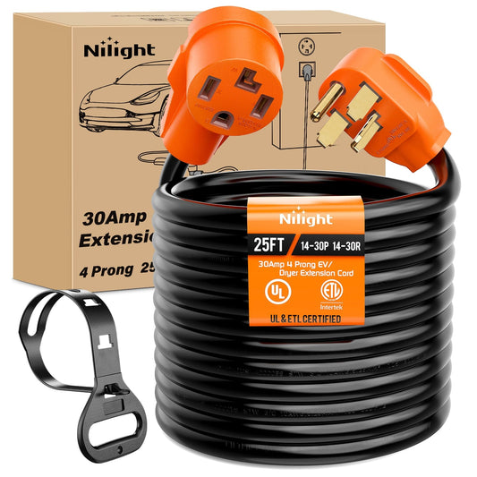 RV Parts 25FT EV Dryer Extension Cord 4 Prong 30 Amp NEMA 14-30P 14-30R Old Cable Heavy Duty 10 Gauge Pure Copper Wire UL Listed 125/250V for Level 2 Using