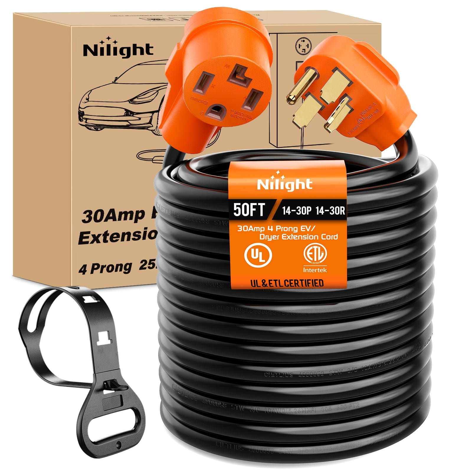 RV Parts 50FT EV Dryer Extension Cord 4 Prong 30 Amp NEMA 14-30P 14-30R Old Cable Heavy Duty 10 Gauge Pure Copper Wire UL Listed 125/250V for Level 2 Using30 Amp 25FT 4 Prong EV Dryer Extension Cord