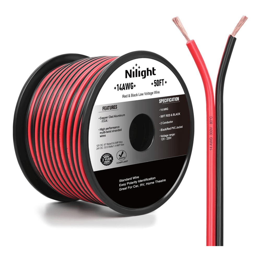 14AWG 50FT Copper Clad Aluminum Wire 14/2 Gauge Red Black CCA Electrical Cable 2 Conductor Parallel 12V/24V DC Flexible Extension Cords Nilight