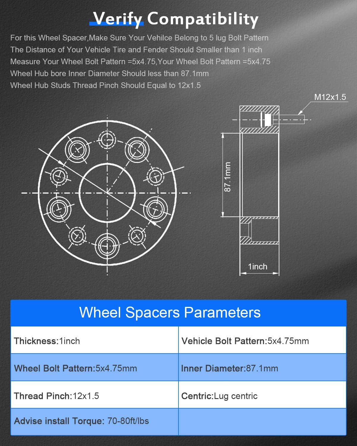 2PCS 5x4.75 to 5x4.75 Wheel Spacers 1 inch 5 Lug 12x1.5 Studs fit Chevrolet Blazer 1987-2005| fit Chevrolet Camaro 1982-2002| fit Chevrolet Corvette 1984-2019| fit Chevrolet S10 1982-2004