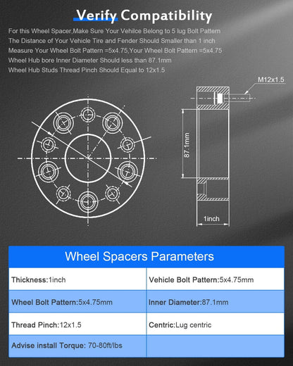 2PCS 5x4.75 to 5x4.75 Wheel Spacers 1 inch 5 Lug 12x1.5 Studs fit Chevrolet Blazer 1987-2005| fit Chevrolet Camaro 1982-2002| fit Chevrolet Corvette 1984-2019| fit Chevrolet S10 1982-2004