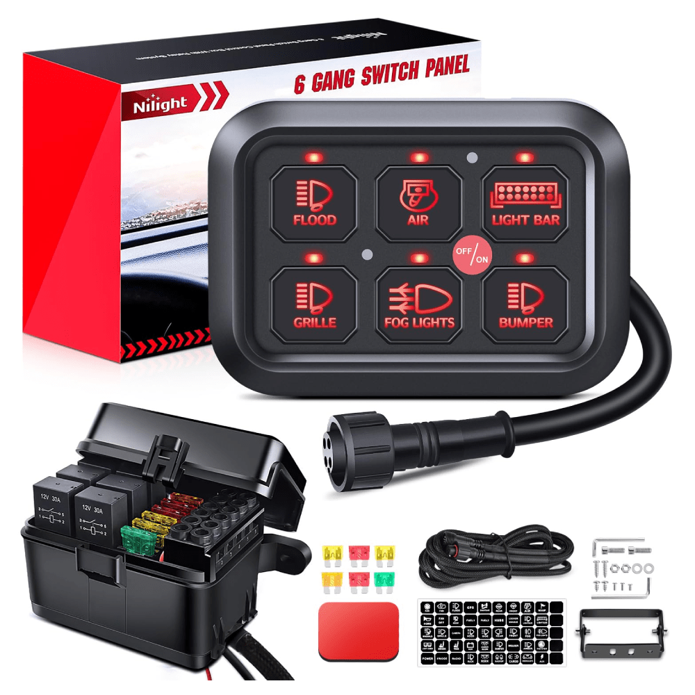 6Gang Multifunction Red Rocker Switch Panel System Nilight