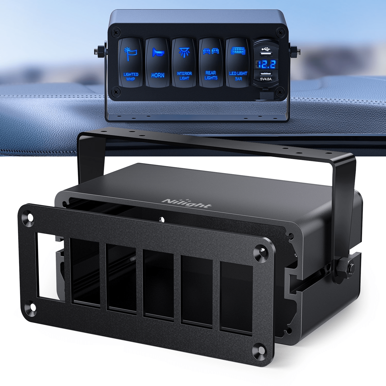 Rocker Switch 6 Gang Rocker Switch Box 6 Holes Panel Detachable Installation Housing Waterproof Aluminum Rotatable Mount Bracket 12V 24V DIY Toggle Switches Voltmeter USB Socket for Boats Cars RVs Trucks