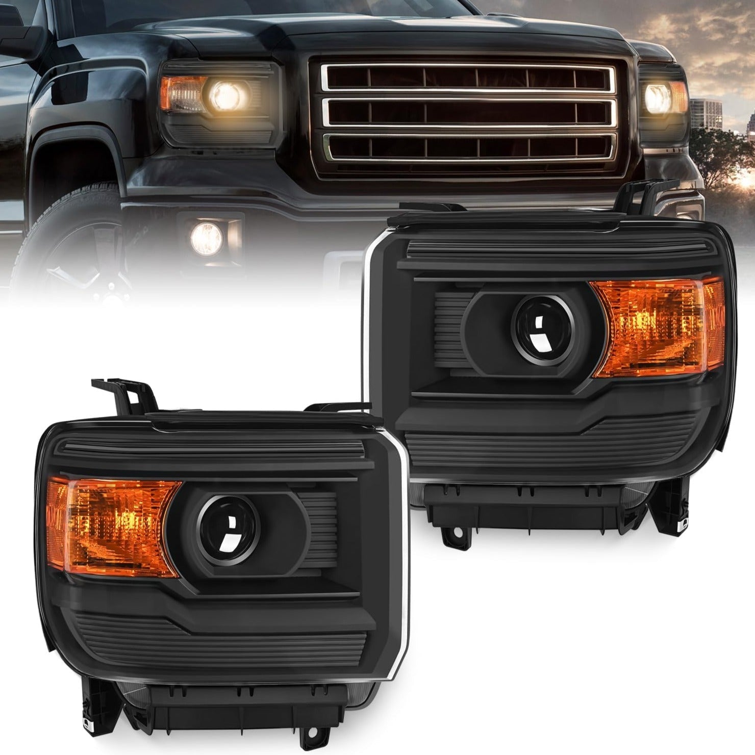 2014 2015 2016 2017 2018 GMC Sierra 1500 2500HD 3500HD Base Headlight Assembly Black Housing Amber Reflector Clear Lens Headlights - Top Tuning Boost