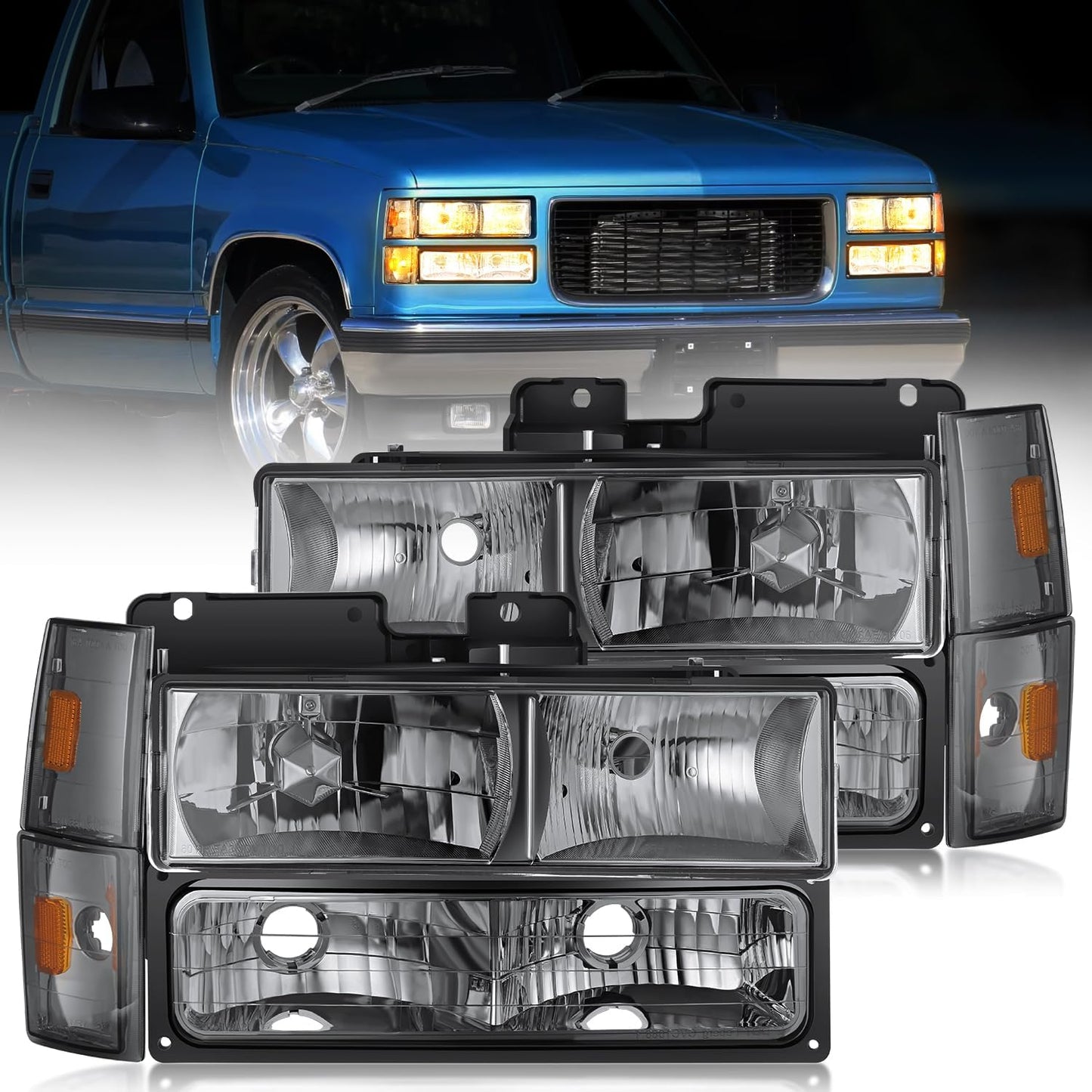 1988 1989 1990 1991 1992 1993 Chevrolet GMC C/K 1988 1989 1990 1991 1992 1993 Silverado Suburban Sierra Blazer Tahoe Yukon Headlight Assembly Smoke Housing Amber Reflector Headlights - Top Tuning Boost