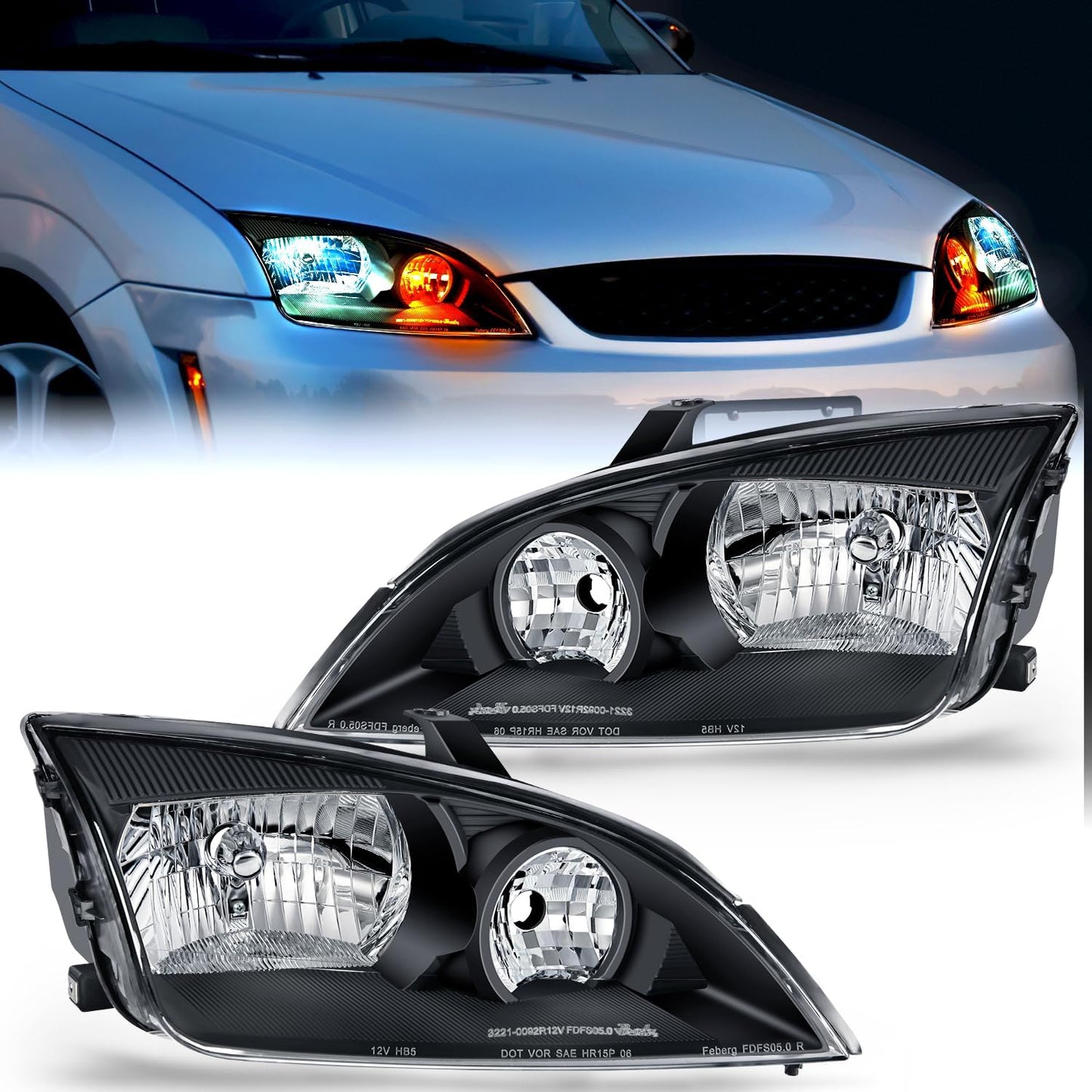 2005 2006 2007 Ford Focus Headlight Assembly Black Housing Clear Reflector Clear Lens Headlights - Top Tuning Boost
