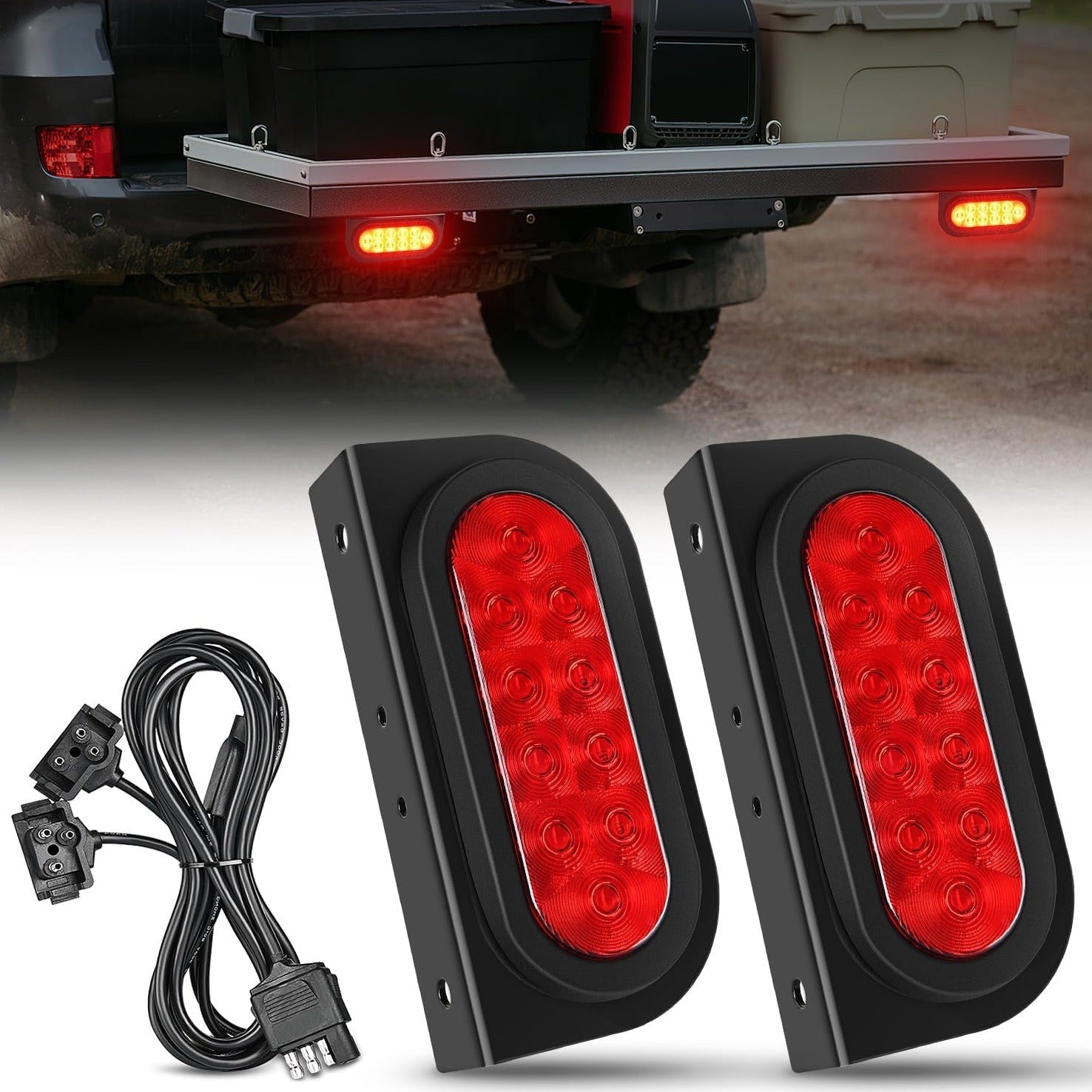 6 Inch Oval Red LED Hitch Cargo Carrier Trailer Tail Lights W/ Flush Mount Grommets Wire Harness (Pair) Tail Lights - Top Tuning Boost