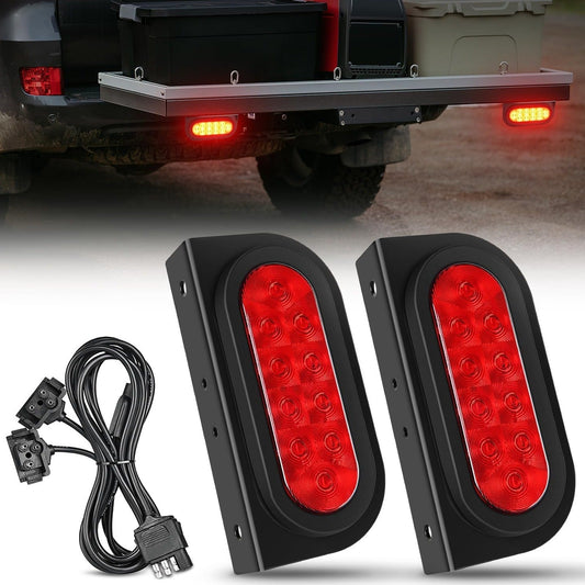 6 Inch Oval Red LED Hitch Cargo Carrier Trailer Tail Lights W/ Flush Mount Grommets Wire Harness (Pair) Tail Lights - Top Tuning Boost
