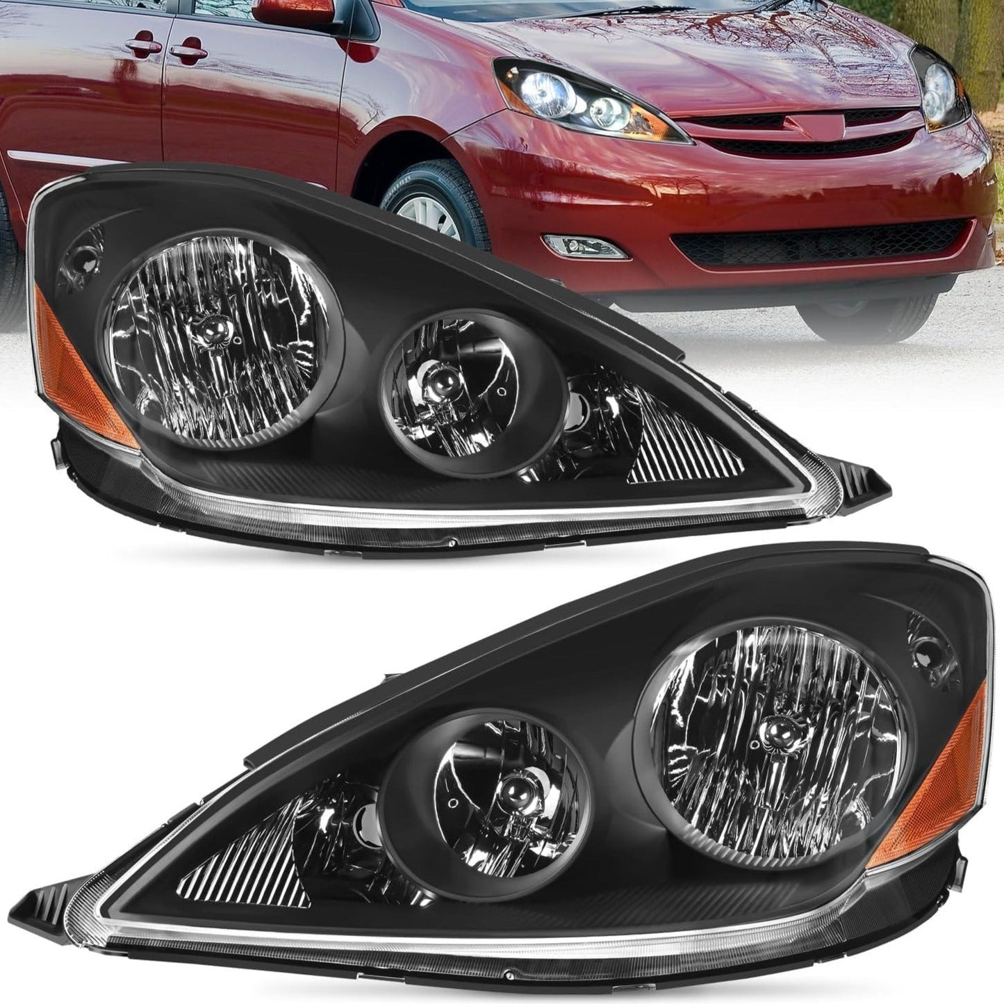2006 2007 2008 2009 2010 Toyota Sienna Headlight Assembly Black Housing Amber Reflector Clear Lens Headlights - Top Tuning Boost