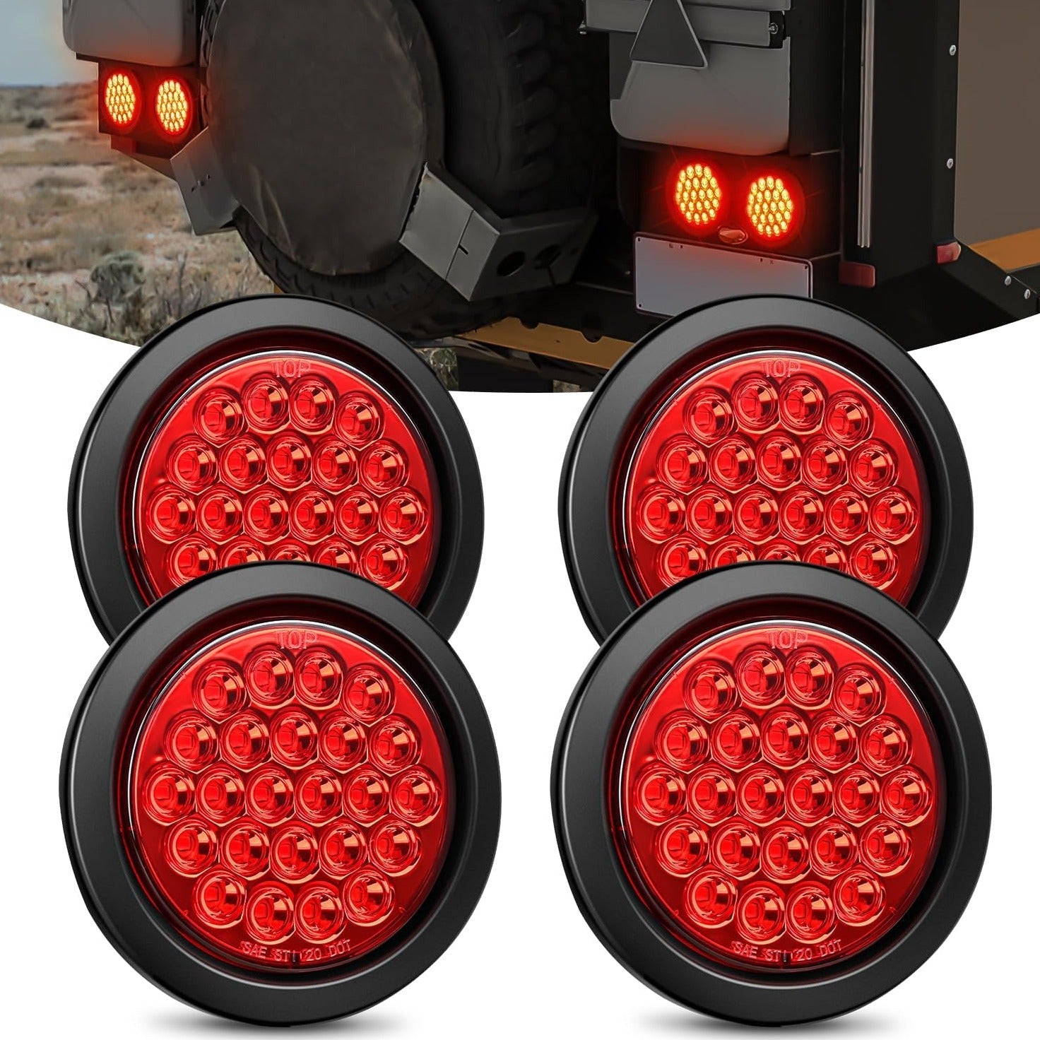 4 Inch Red Round 24Leds Tail Light Flush Mount Grommets 4Pcs Tail Lights - Top Tuning Boost
