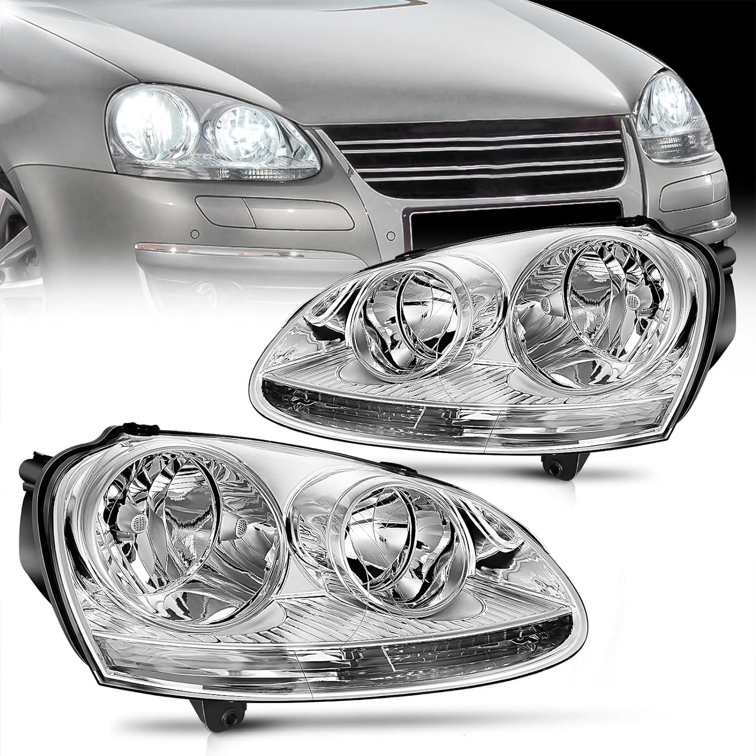 2005 2006 2007 2008 2009 2010 Volkswagen Jetta 2006 2007 2008 2009 VW Rabbit GTI Headlight Assembly Chrome Housing Clear Reflector Headlights - Top Tuning Boost