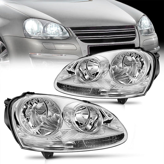 2005 2006 2007 2008 2009 2010 Volkswagen Jetta 2006 2007 2008 2009 VW Rabbit GTI Headlight Assembly Chrome Housing Clear Reflector Headlights - Top Tuning Boost