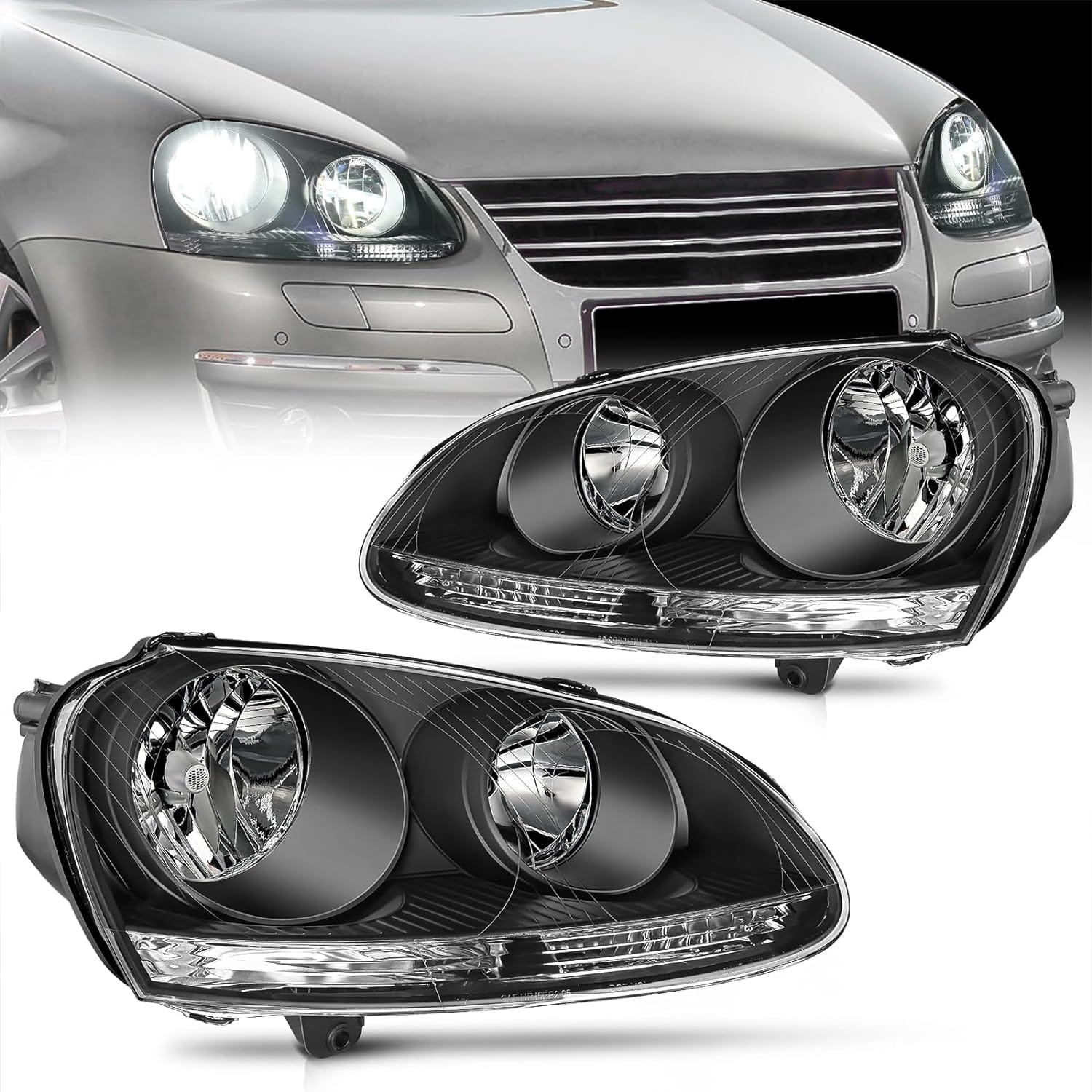 2005 2006 2007 2008 2009 2010 Volkswagen Jetta 2006 2007 2008 2009 VW Rabbit GTI Headlight Assembly Black Housing Clear Reflector Headlights - Top Tuning Boost