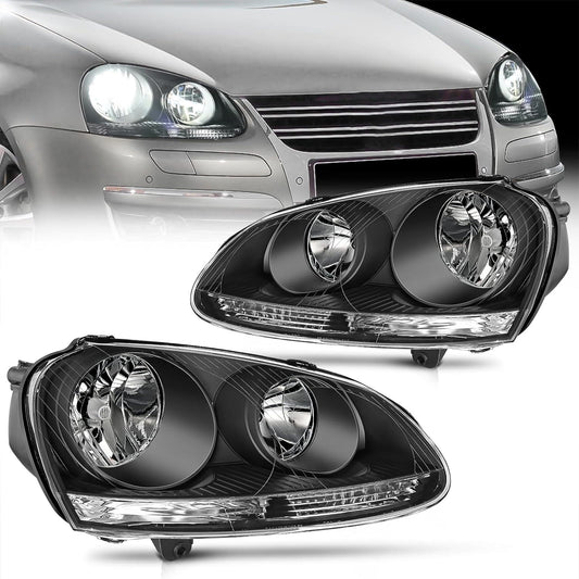 2005 2006 2007 2008 2009 2010 Volkswagen Jetta 2006 2007 2008 2009 VW Rabbit GTI Headlight Assembly Black Housing Clear Reflector Headlights - Top Tuning Boost
