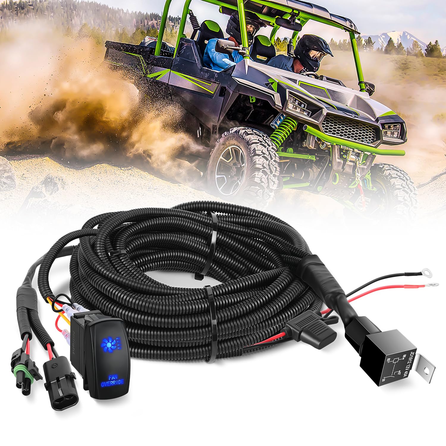 16AWG ATV UTV Fan Override Switch Kit with Relay LED Blue Light 5PIN Rocker Switch Headlights - Top Tuning Boost