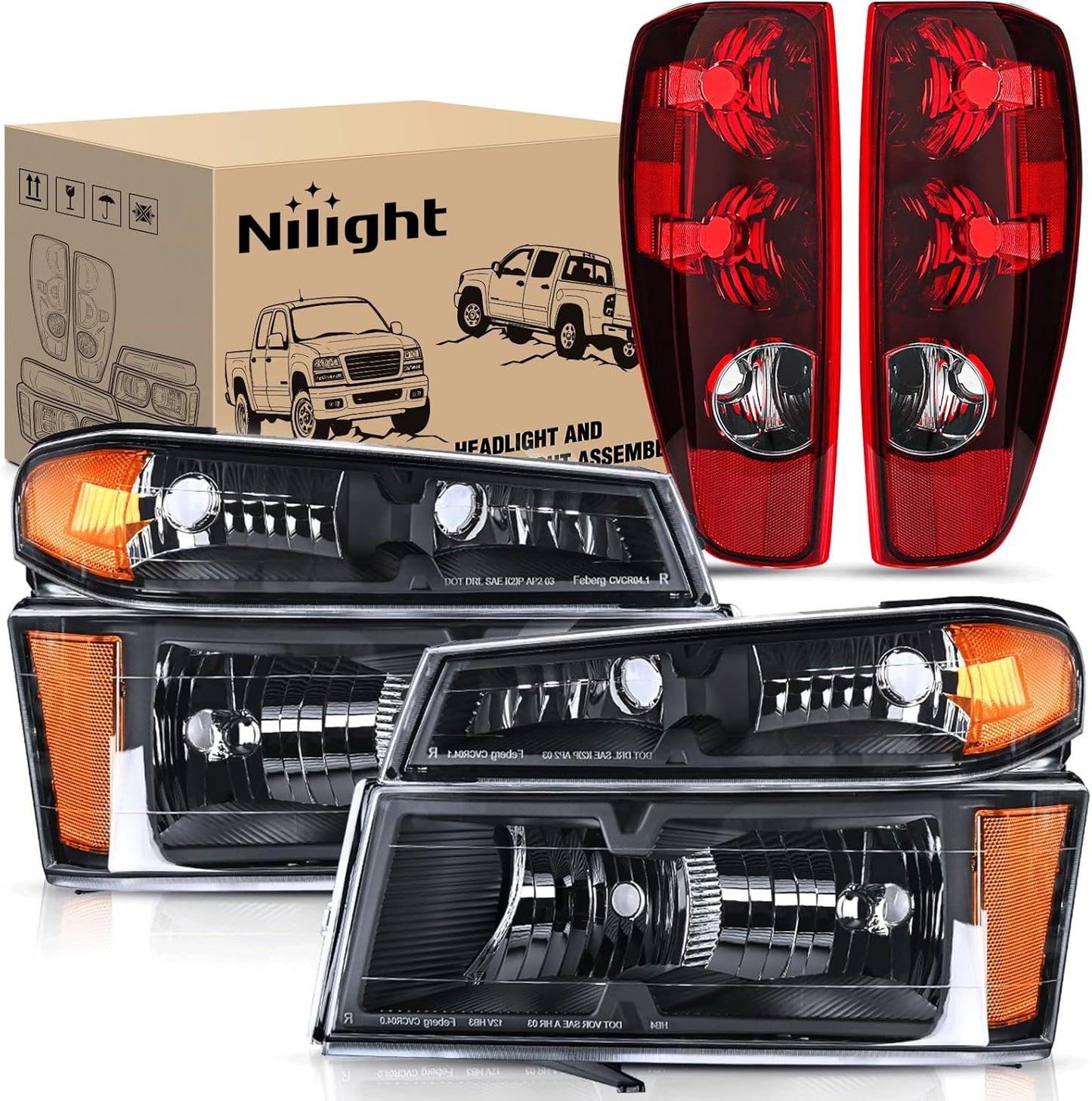 2004 2005 2006 2007 2008 2009 2010 2011 2012 Chevy Colorado GMC Canyon Headlight and Taillight Assembly Combo OE Style Black Housing Amber Reflector with Red Tail Light Tail Lights - Top Tuning Boost