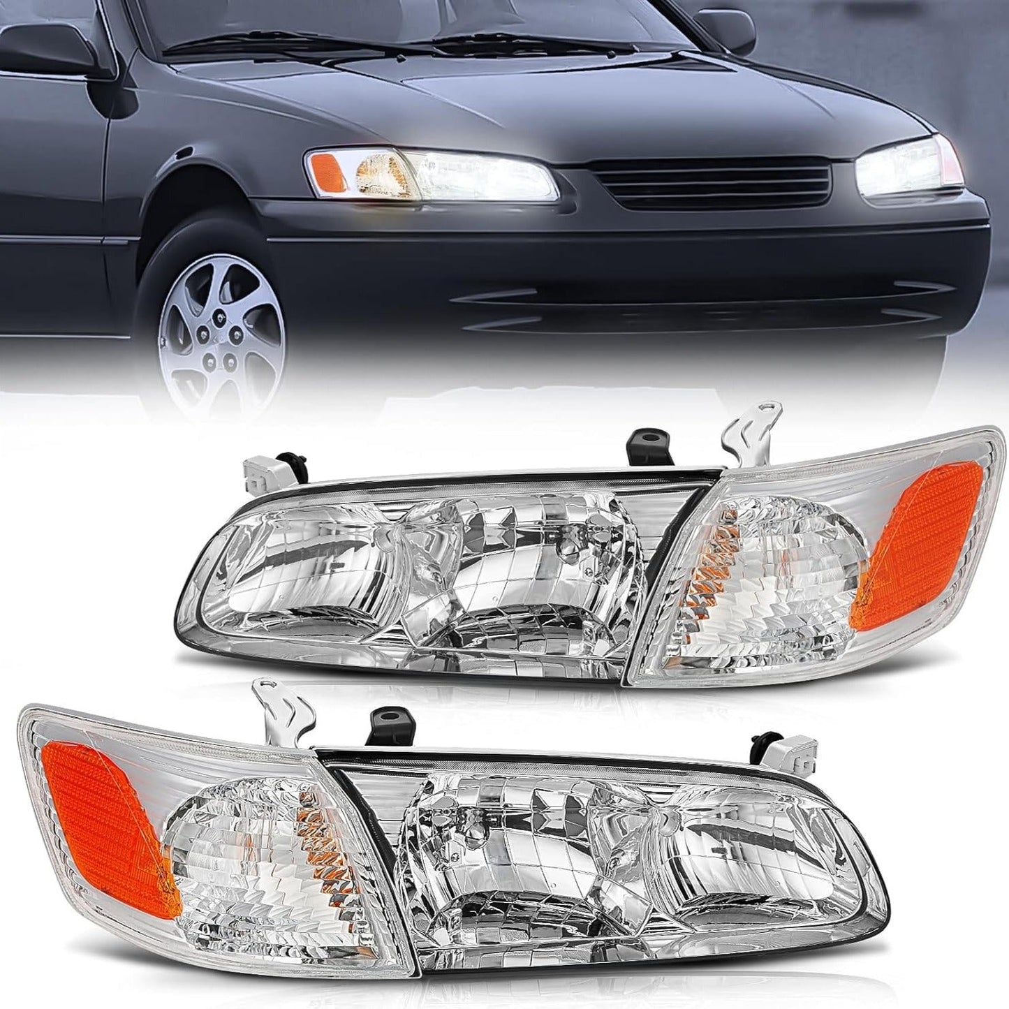 2000 2001 Toyota Camry Headlight Assembly Chrome Housing Amber Reflector Headlights - Top Tuning Boost