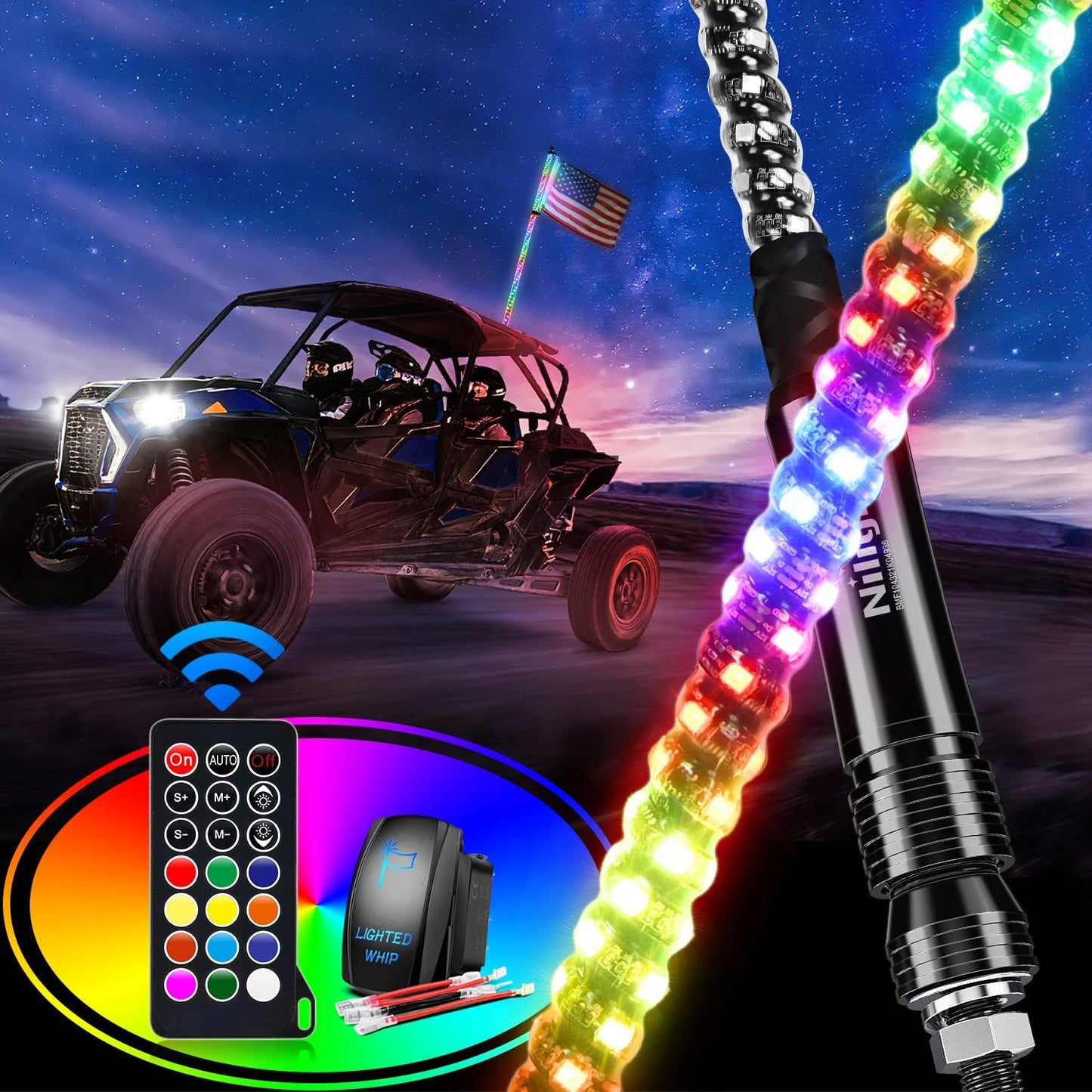2FT Spiral Antenna Led Whip Light RF Remote Control | 8.6FT Wire 5Pin Switch Headlights - Top Tuning Boost