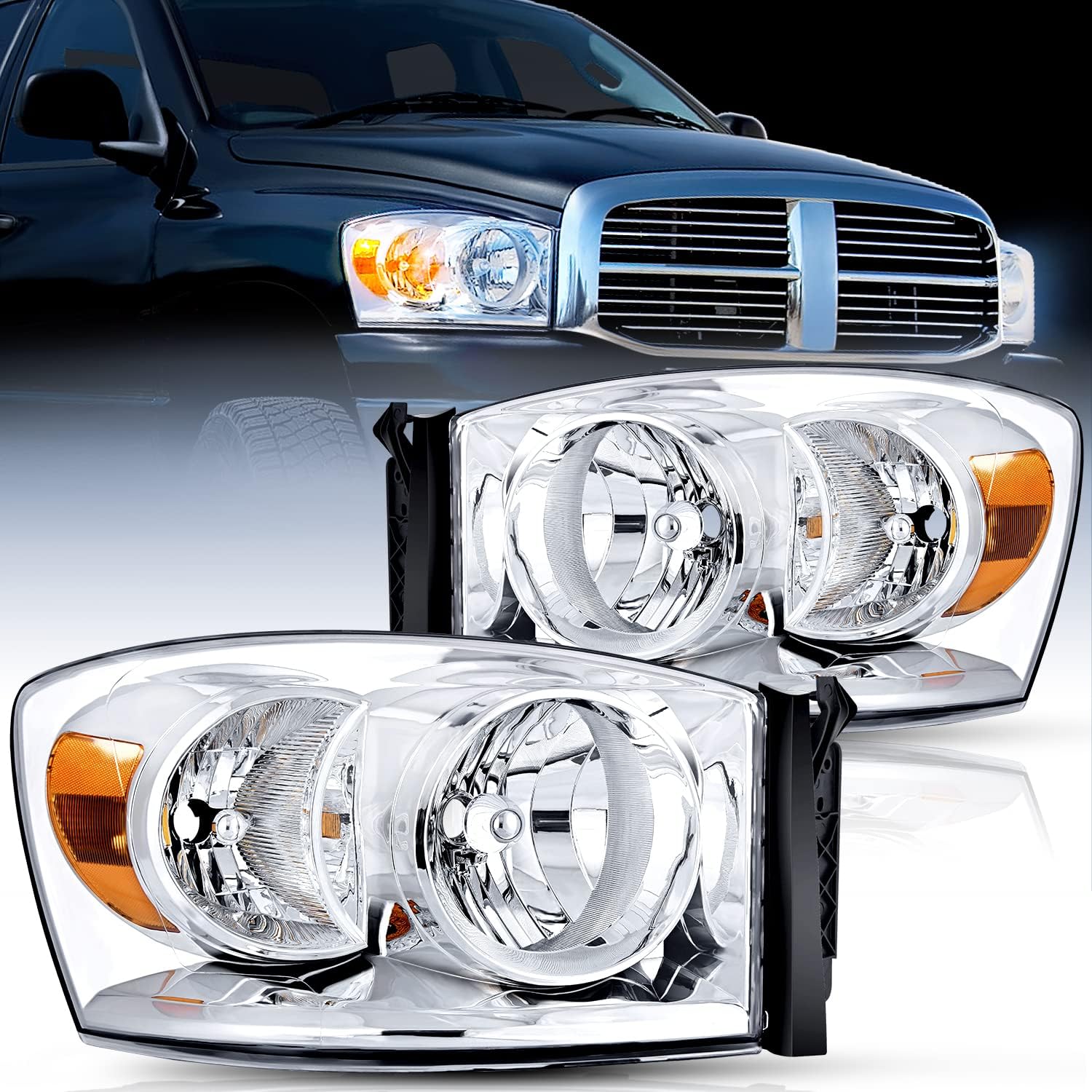 2007 2008 2009 Dodge Ram 1500 2500 3500 Headlight Assembly Chrome Housing Amber Reflector Clear Lens Headlights - Top Tuning Boost