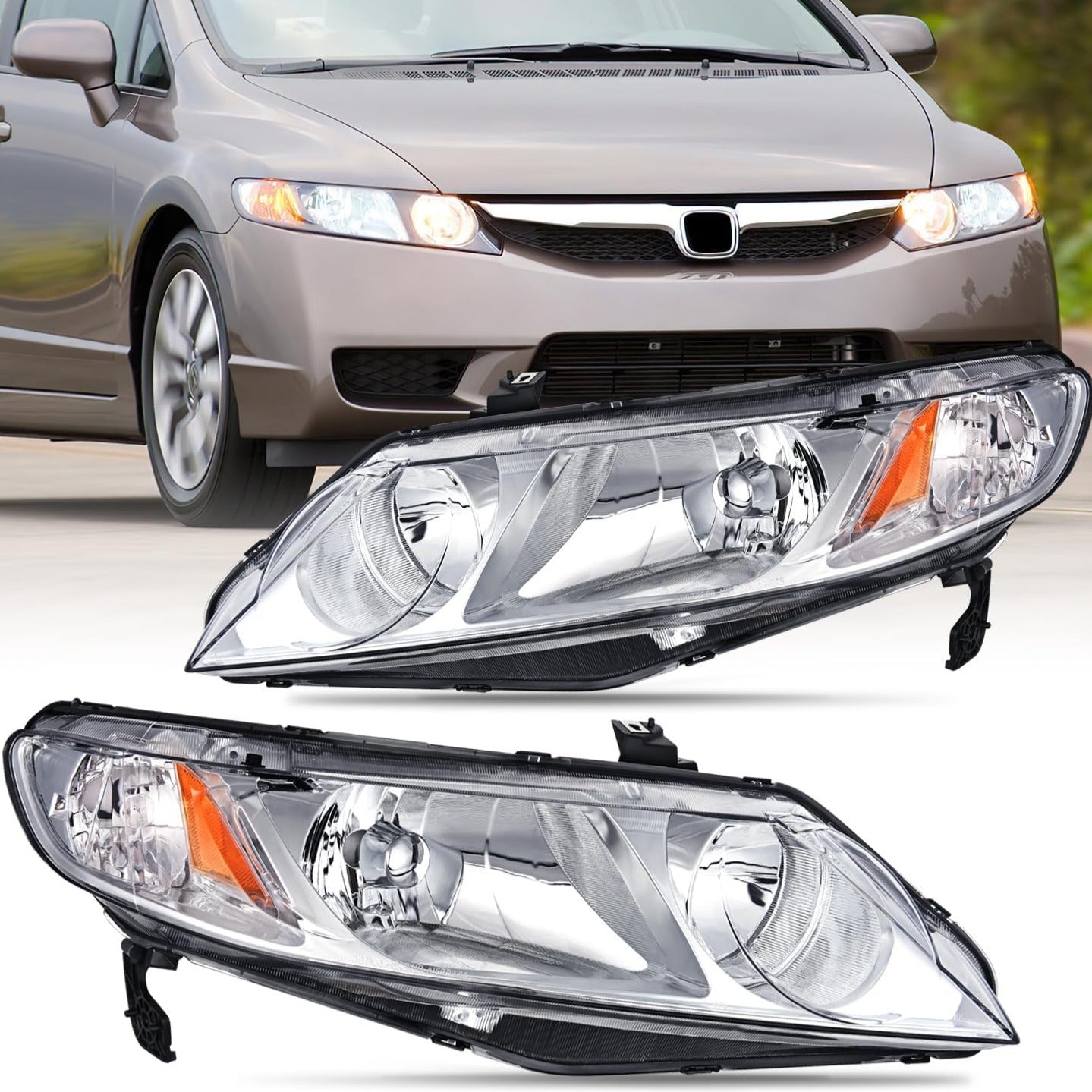 2006 2007 2008 2009 2010 Honda Civic Headlight Assembly Chrome Case Amber Reflector Headlights - Top Tuning Boost