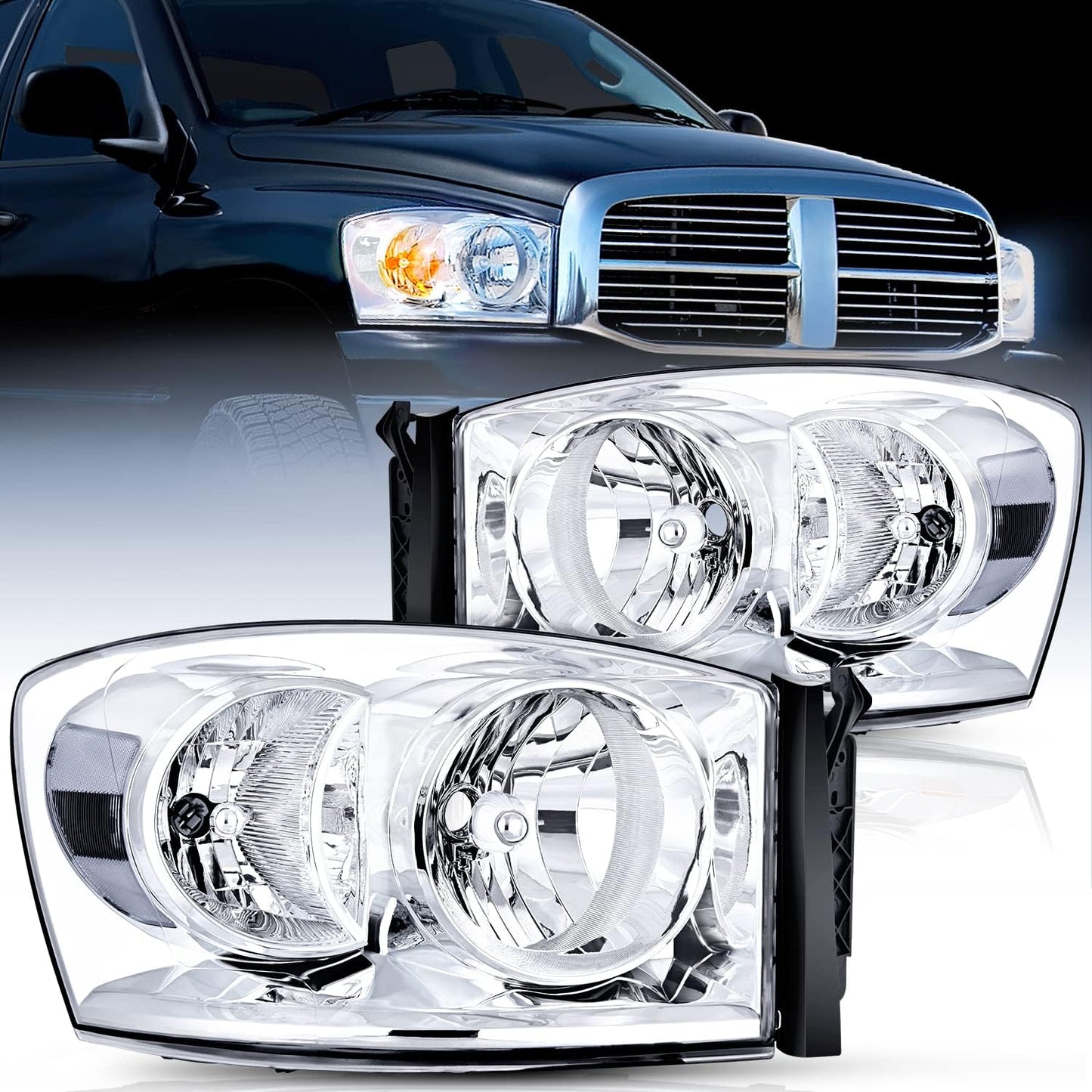 2007 2008 2009 Dodge Ram Headlight Assembly 2 Pack Compatible with 2006 2007 2008 Dodge Ram 1500 2006 2007 2008 Dodge Ram 2500 3500 Headlight Assembly Chrome Housing Clear Reflector Clear Lens Headlights - Top Tuning Boost