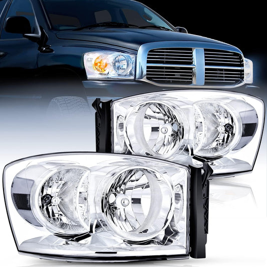 2007 2008 2009 Dodge Ram Headlight Assembly 2 Pack Compatible with 2006 2007 2008 Dodge Ram 1500 2006 2007 2008 Dodge Ram 2500 3500 Headlight Assembly Chrome Housing Clear Reflector Clear Lens Headlights - Top Tuning Boost