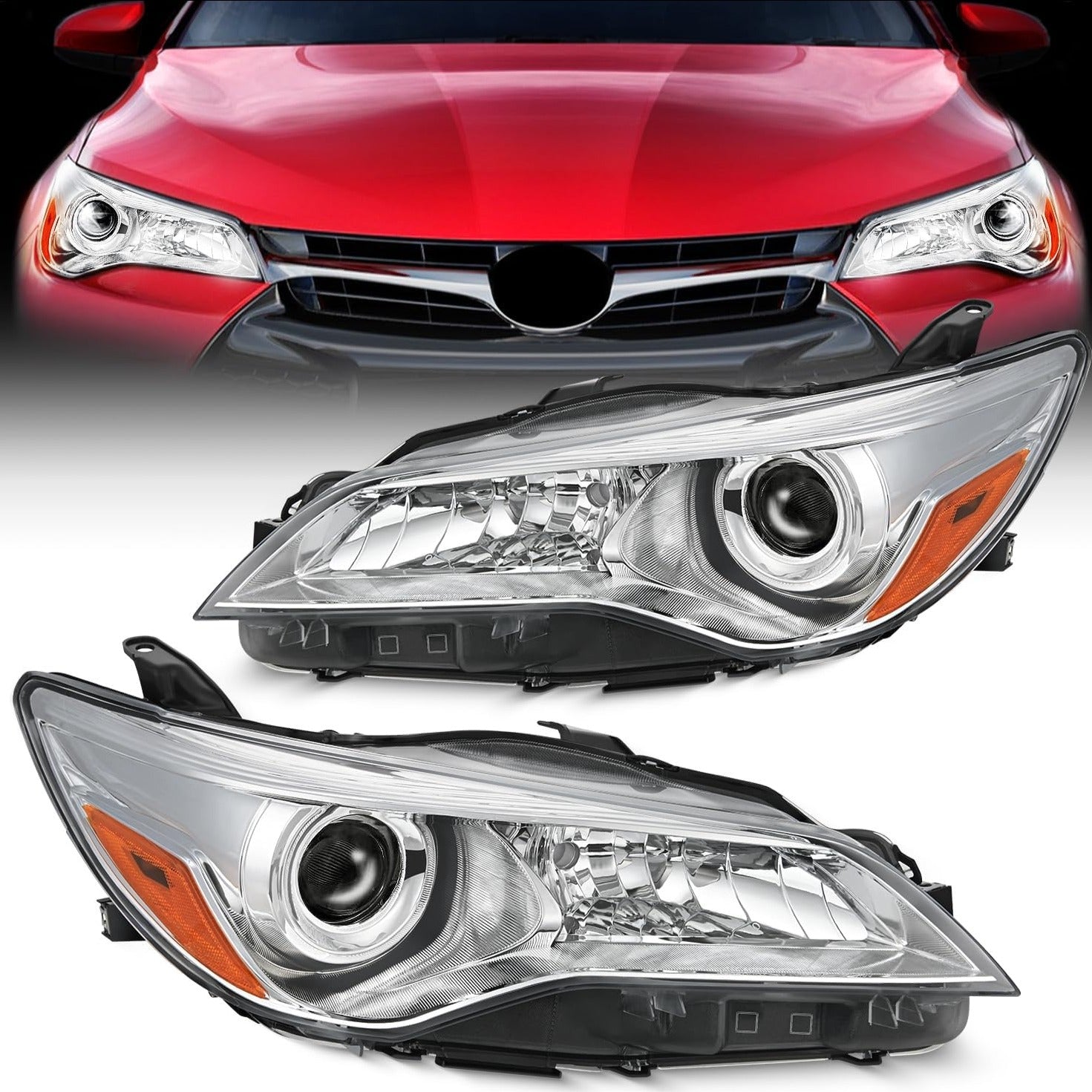 2015 2016 2017 LE SE XLE Toyota Camry Headlight Assembly Chrome Housing Amber Reflector Clear Lens Headlights - Top Tuning Boost