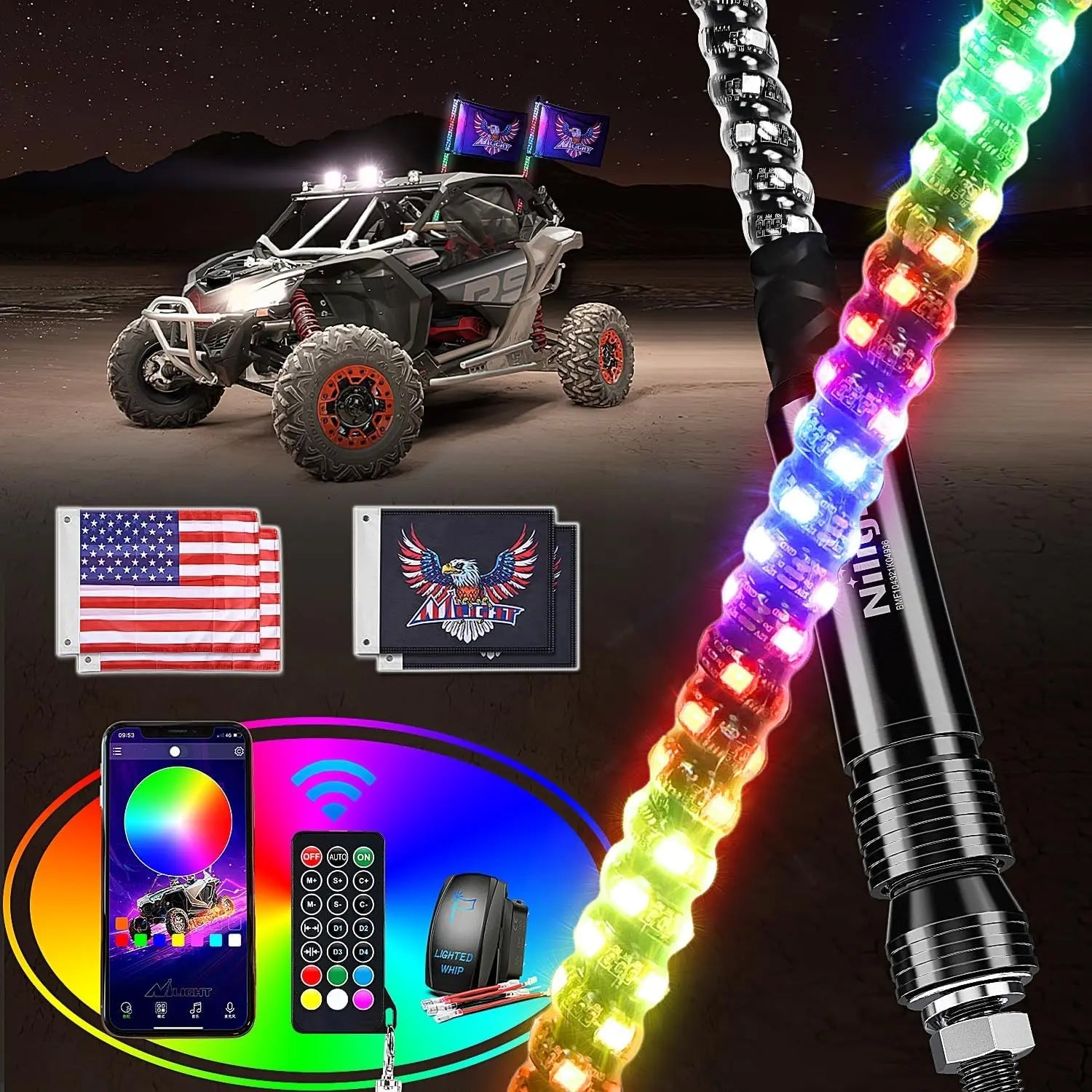 2Pcs 2FT Spiral Antenna Bluetooth Remote App Control Led Whip Light | 10FT Wire 5Pin Switch Headlights - Top Tuning Boost