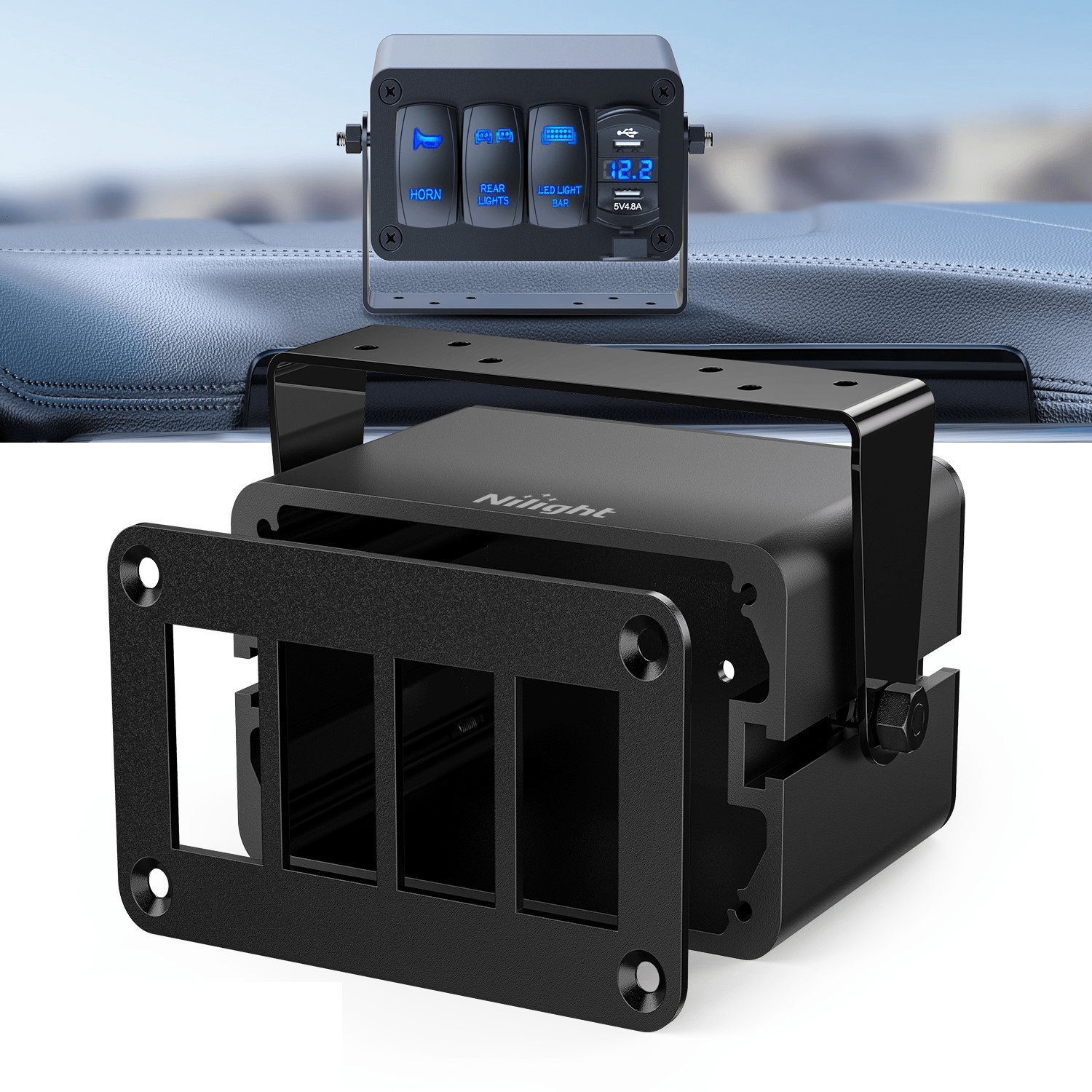 Rocker Switch 4 Gang Rocker Switch Box 4 Holes Panel Detachable Installation Housing Waterproof Aluminum Rotatable Mount Bracket 12V 24V DIY Toggle Switches Voltmeter USB Socket for Boats Cars RVs Trucks