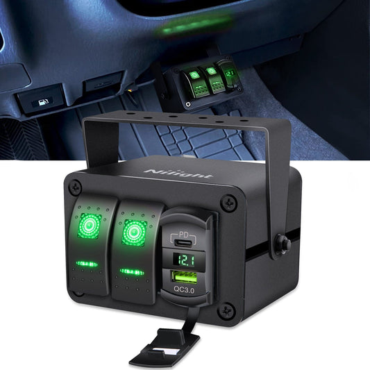 Rocker Switch 2Gang Aluminum ON/Off Rocker Switch Box w/ QC 3.0 Dual USB Charger Voltmeter with Green Backlit