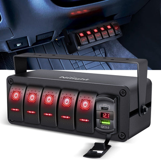 Rocker Switch 5Gang Aluminum ON/Off Rocker Switch Box w/ QC 3.0 Dual USB Charger Voltmeter with Red Backlit