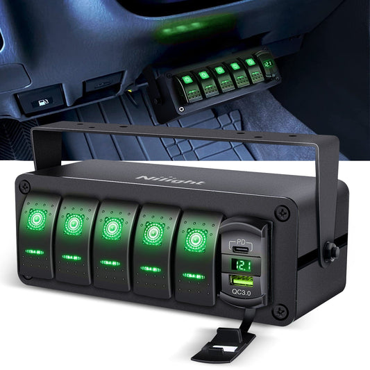 Rocker Switch 5Gang Aluminum ON/Off Rocker Switch Box w/ QC 3.0 Dual USB Charger Voltmeter