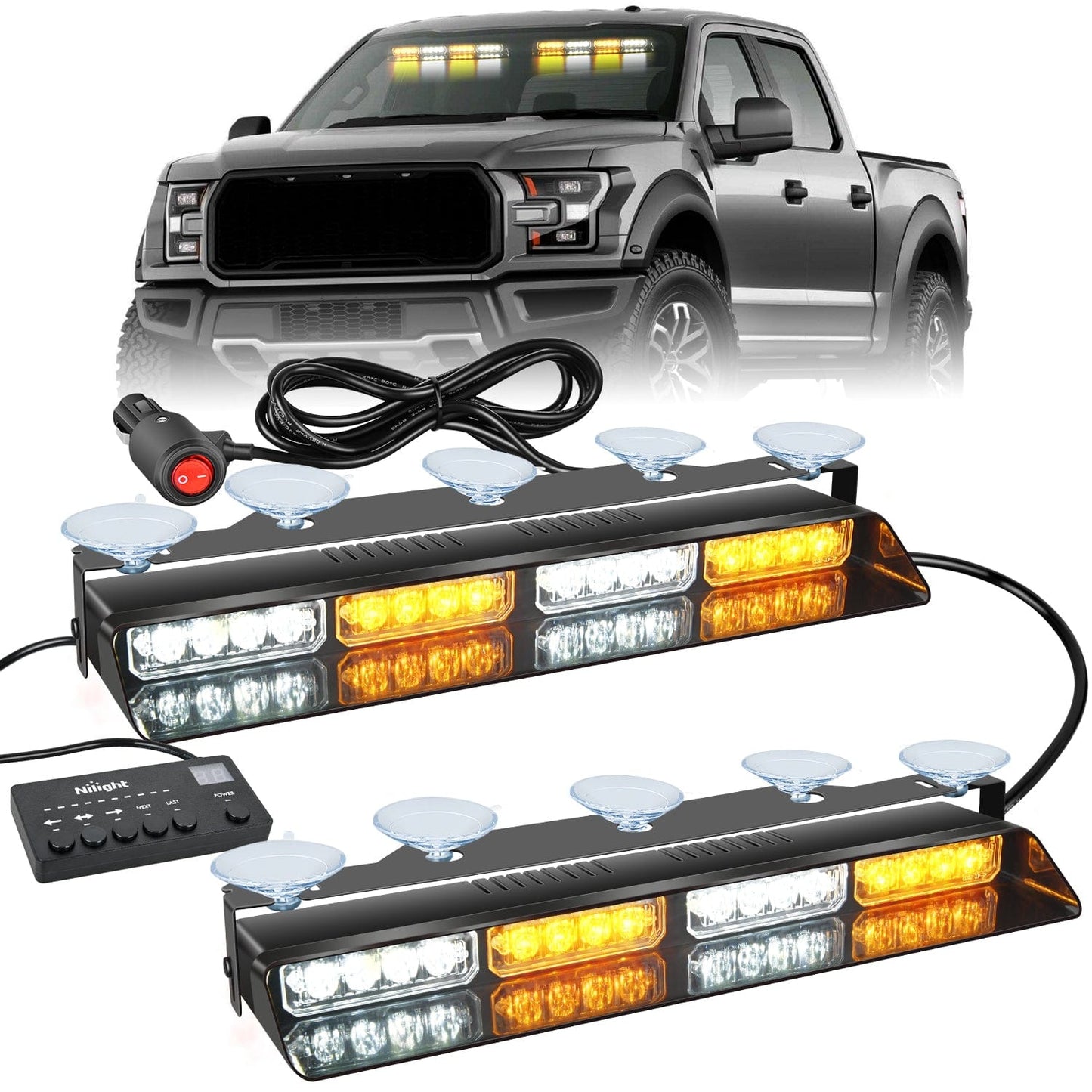 32LED Amber White Emergency Dash Strobe Lights with Controller Suction Cups Headlights - Top Tuning Boost