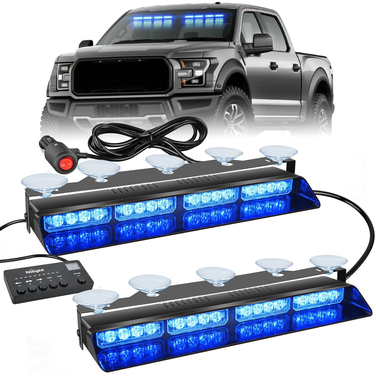 32LED Blue Emergency Dash Strobe Lights with Controller Suction Cups Headlights - Top Tuning Boost