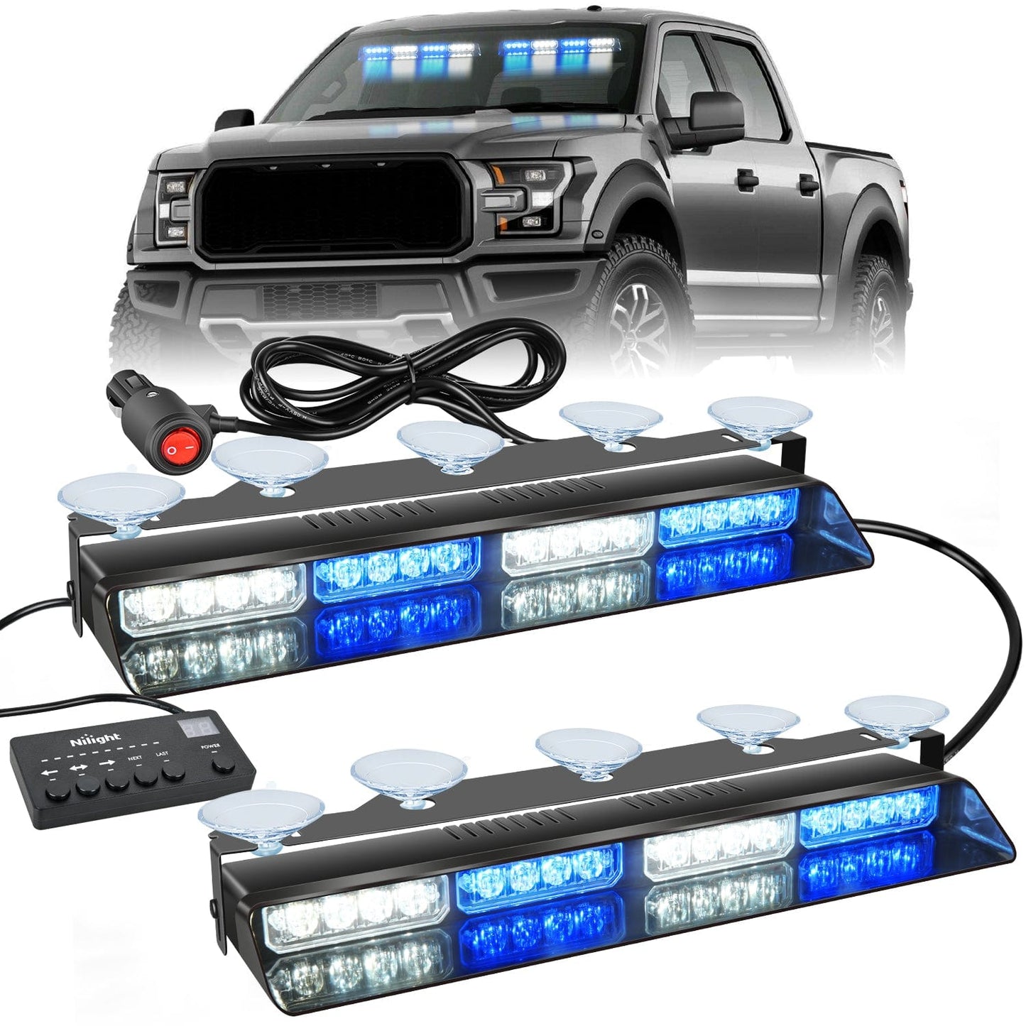 32LED Blue White Emergency Dash Strobe Lights with Controller Suction Cups Headlights - Top Tuning Boost
