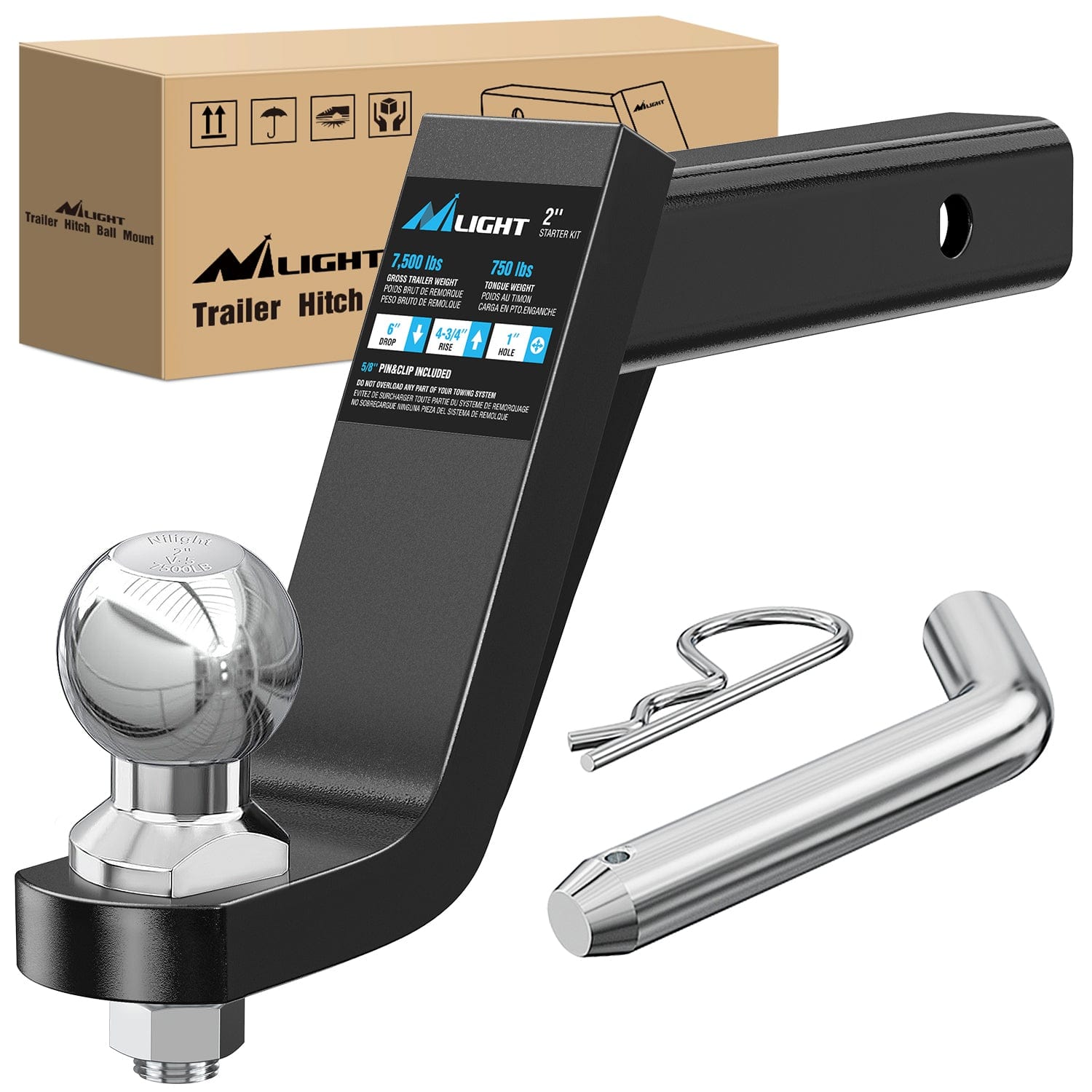 Trailer Hitch Trailer Hitch Ball Mount 2In Trailer Ball 5/8In Hitch Pin Clip Fits 2Inch Receiver Square 7500 lbs 6In Drop, 4-3/4In Rise, 1?¡À Hole, Gloss Black Powder Coat