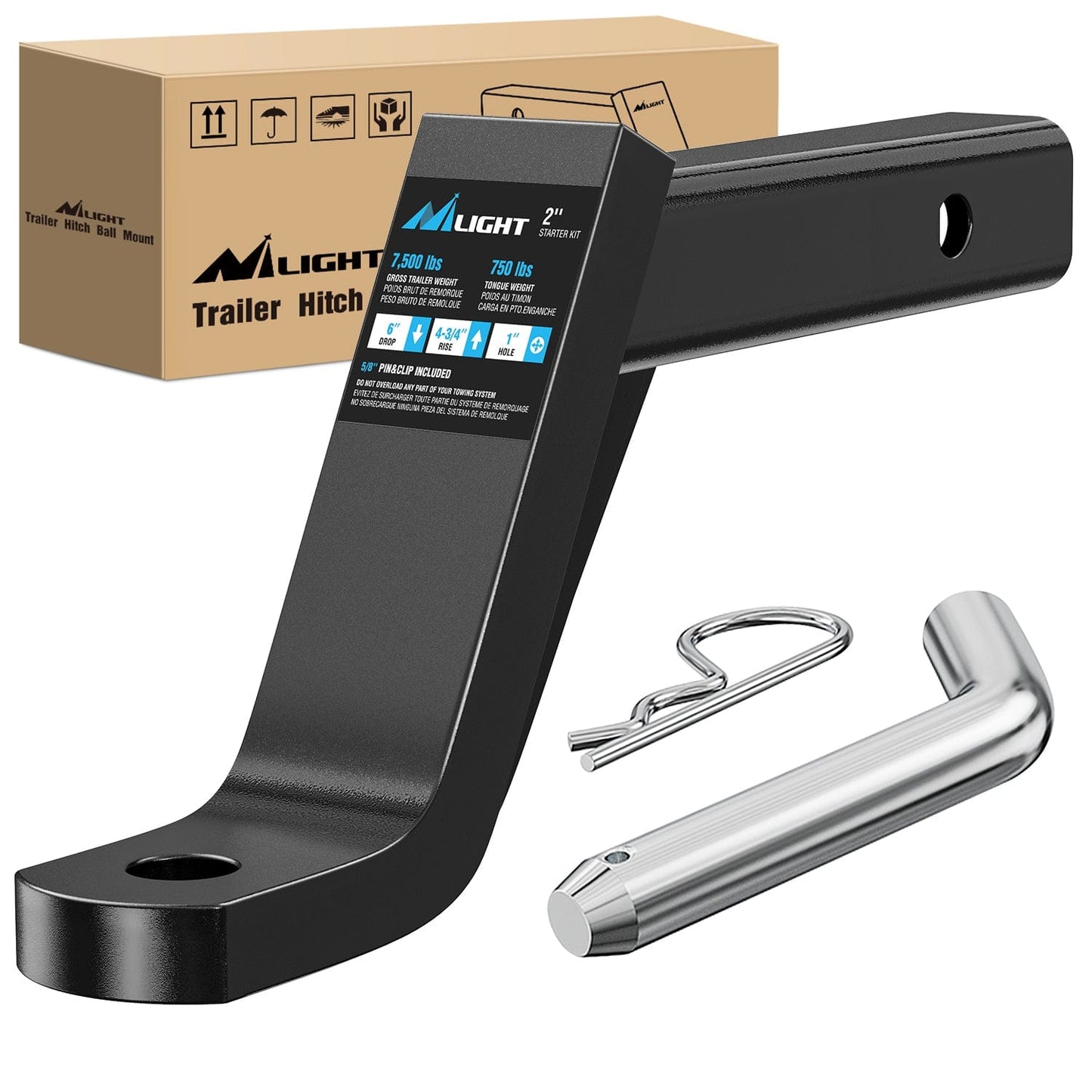 Trailer Hitch Trailer Hitch Ball Mount with 5/8in Hitch Pin Clip Fits 2In Receiver Square 6in Drop 4-3/4in Rise 1in Hole Gloss Black Powder Coat